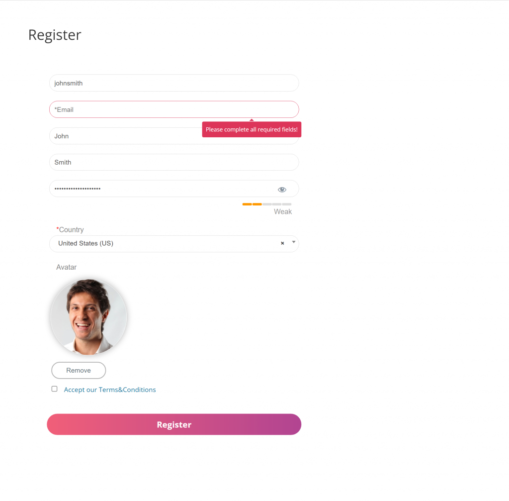 Screenshot Register Form