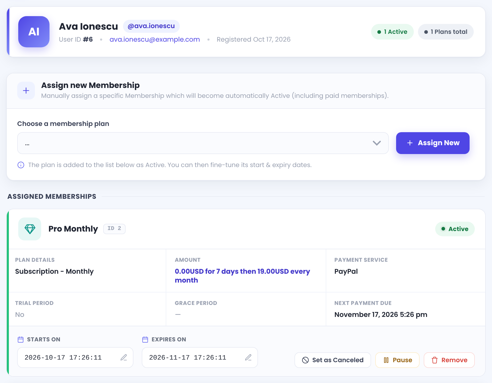 Ultimate Membership Pro subscription changes start on Manage Membership Plans: Pro Monthly is Active with Starts On and Expires On dates and the buttons Set as Canceled, Pause and Remove