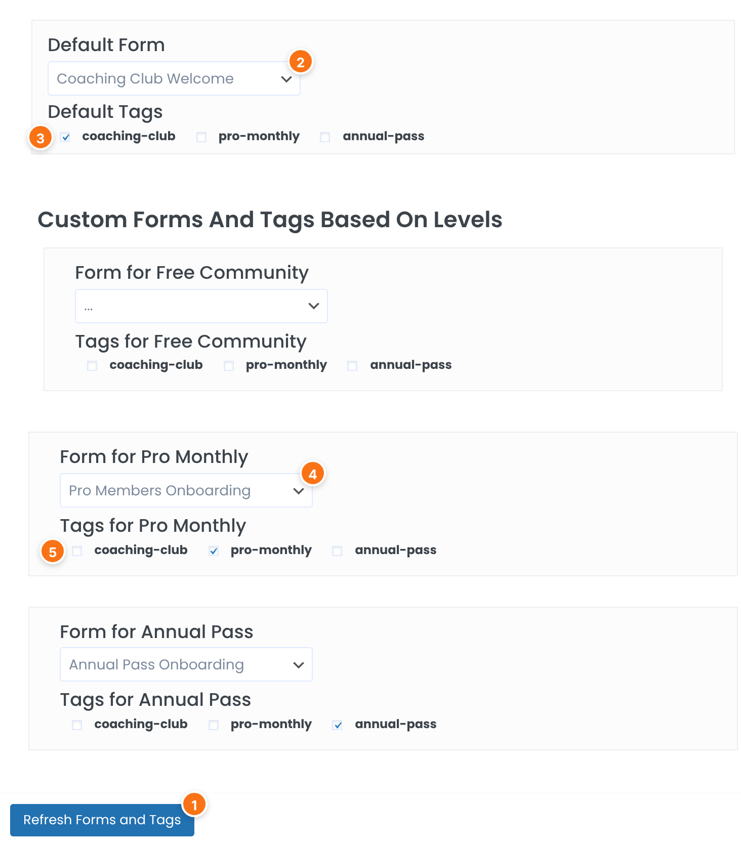 Default Form select, Default Tags checkboxes and, for each Membership, a Form select and Tags checkboxes; Pro Monthly uses the form Pro Members Onboarding and the tag pro-monthly
