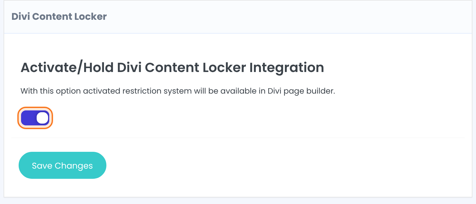 Divi Content Locker box with the Activate/Hold Divi Content Locker Integration switch on and the Save Changes button