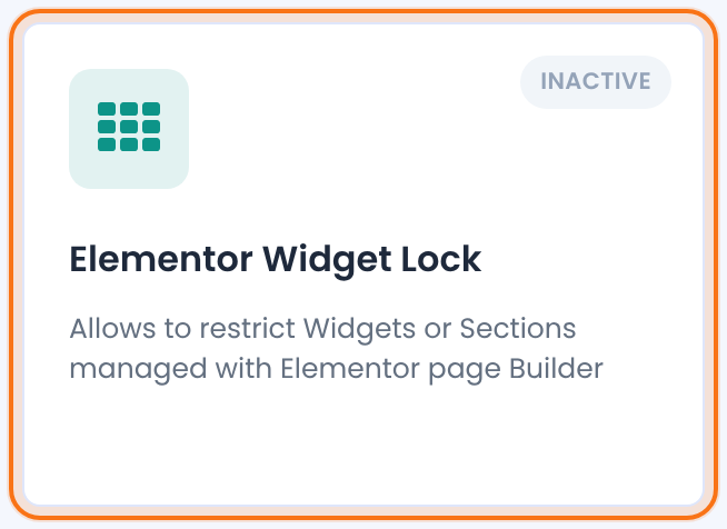 The Elementor Widget Lock card on the Modules screen, marked Inactive