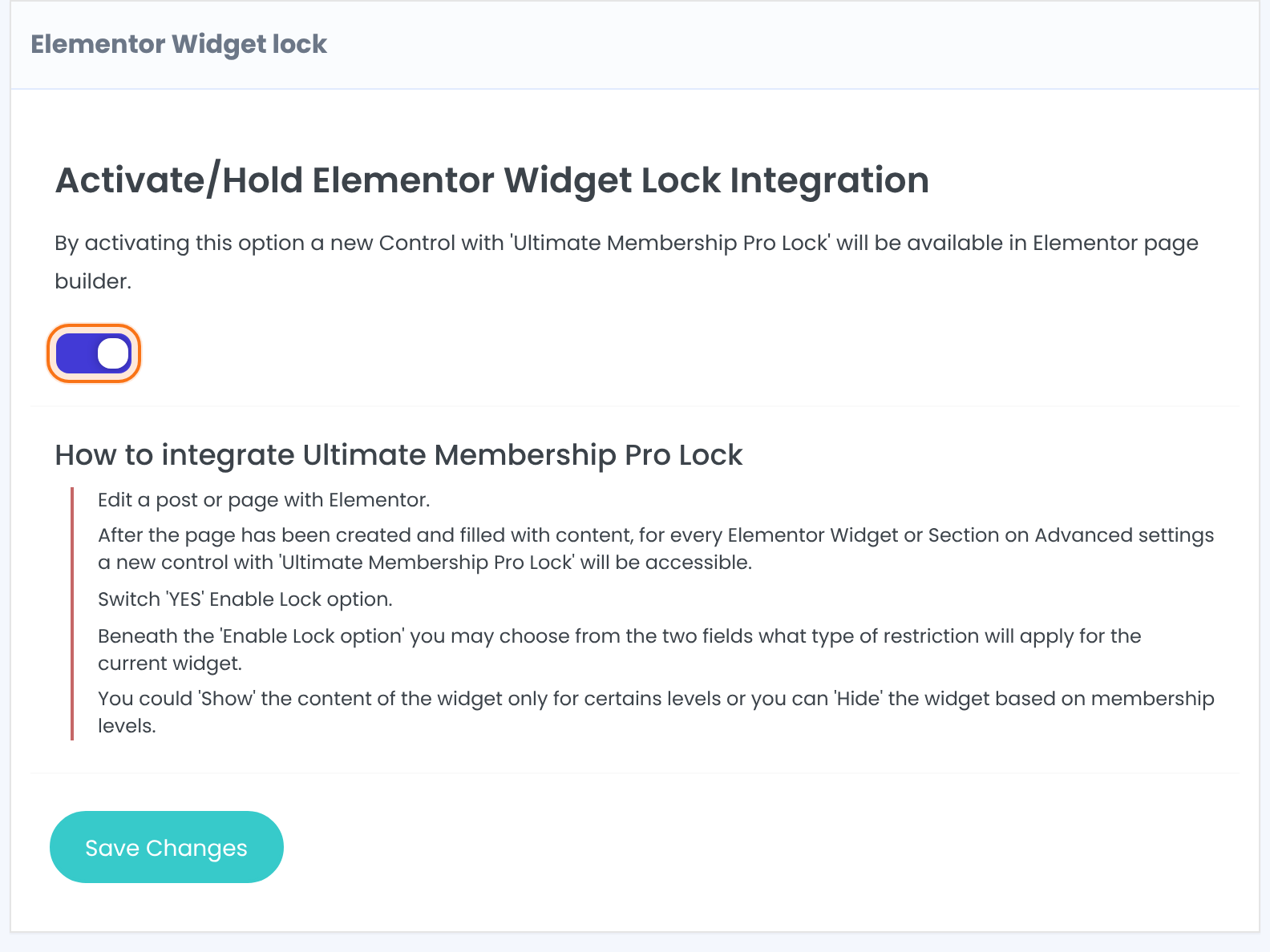 Elementor Widget lock box with the Activate/Hold Elementor Widget Lock Integration switch on, the steps to use the lock and the Save Changes button