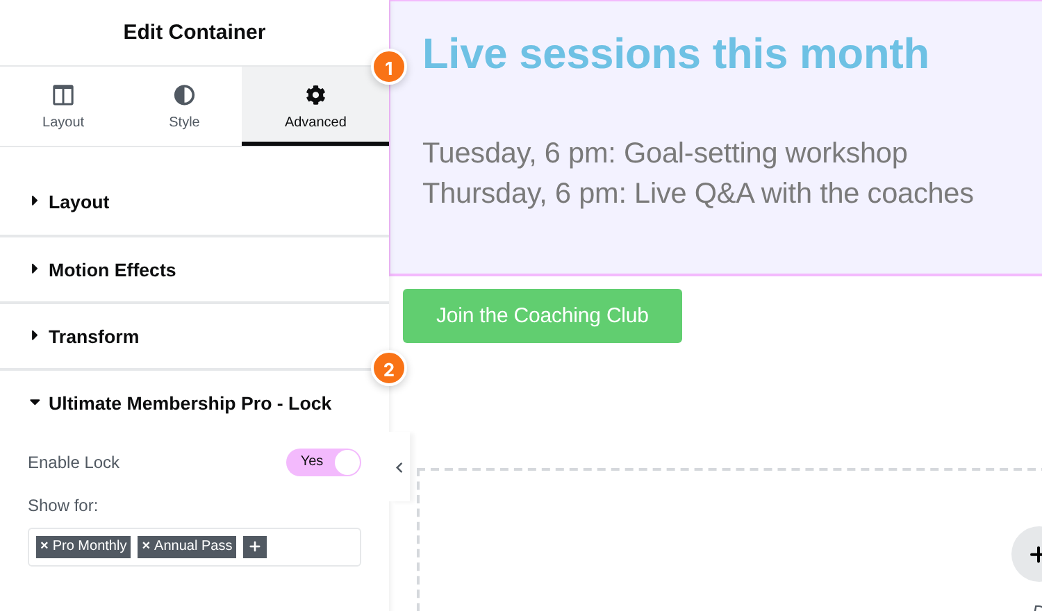 Elementor editor with a container selected: the Advanced tab is open and the Ultimate Membership Pro - Lock section shows Enable Lock set to Yes and Show for: Pro Monthly and Annual Pass