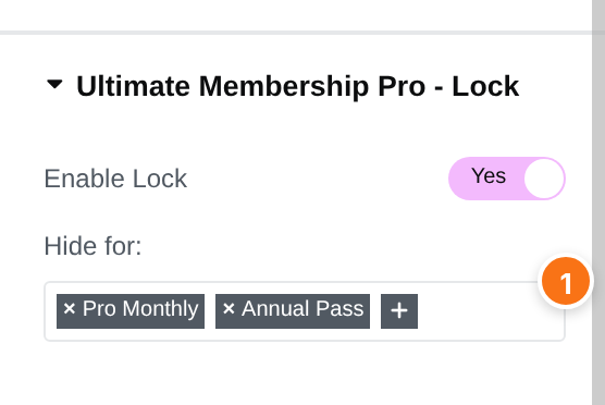 Ultimate Membership Pro - Lock section with Enable Lock set to Yes and Hide for: Pro Monthly and Annual Pass