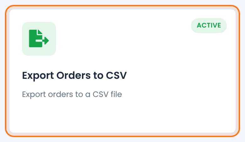 Modules screen: the Export Orders to CSV card with the Active label, highlighted
