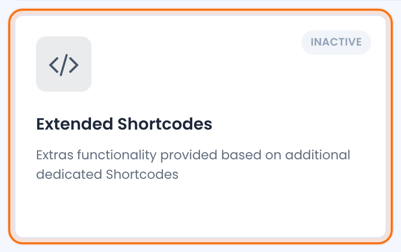 Modules screen: the Extended Shortcodes card with the Inactive label, highlighted