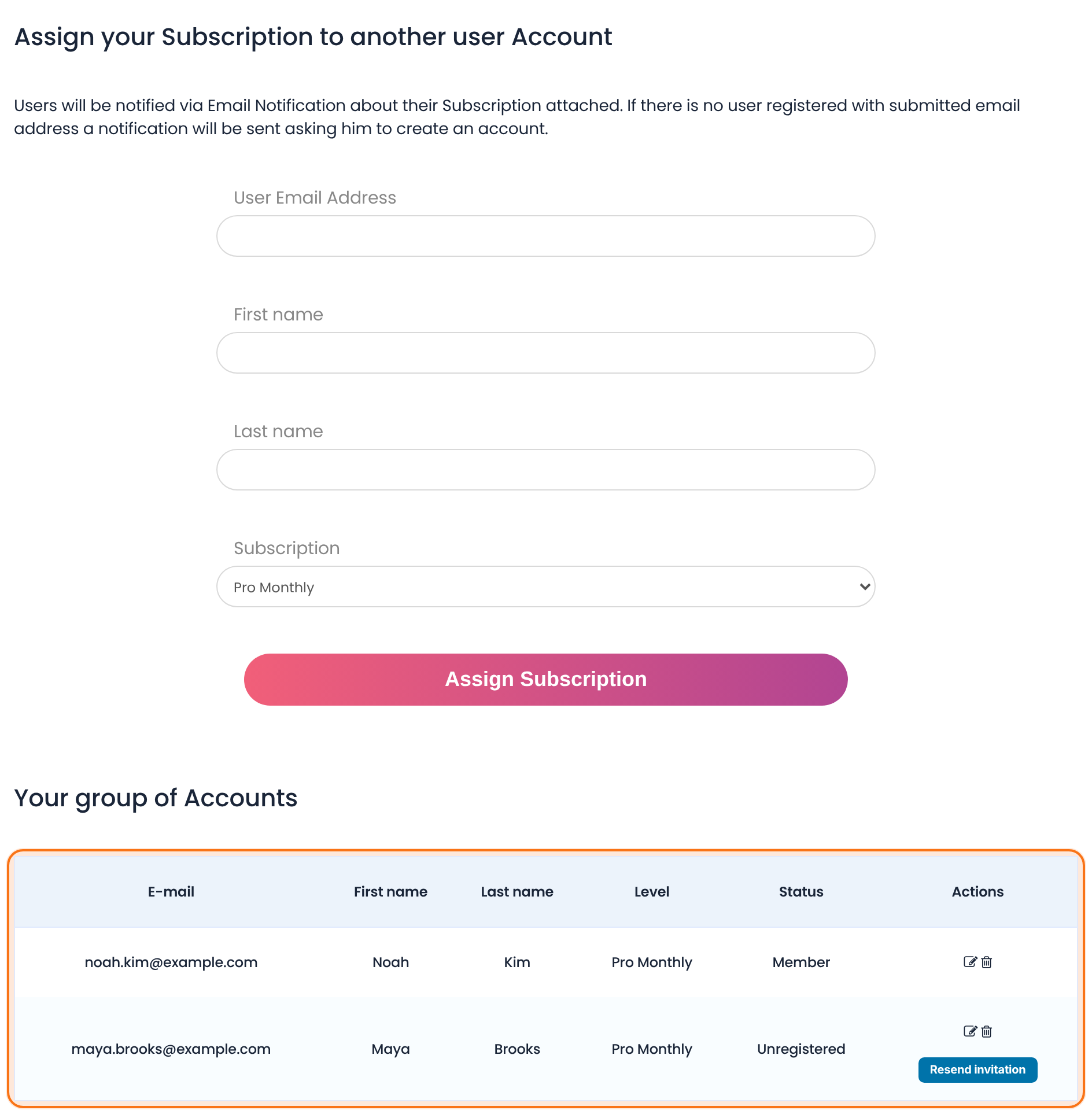 My Group Accounts tab with the Assign your Subscription to another user Account form and the table Your group of Accounts listing noah.kim as Member and maya.brooks as Unregistered