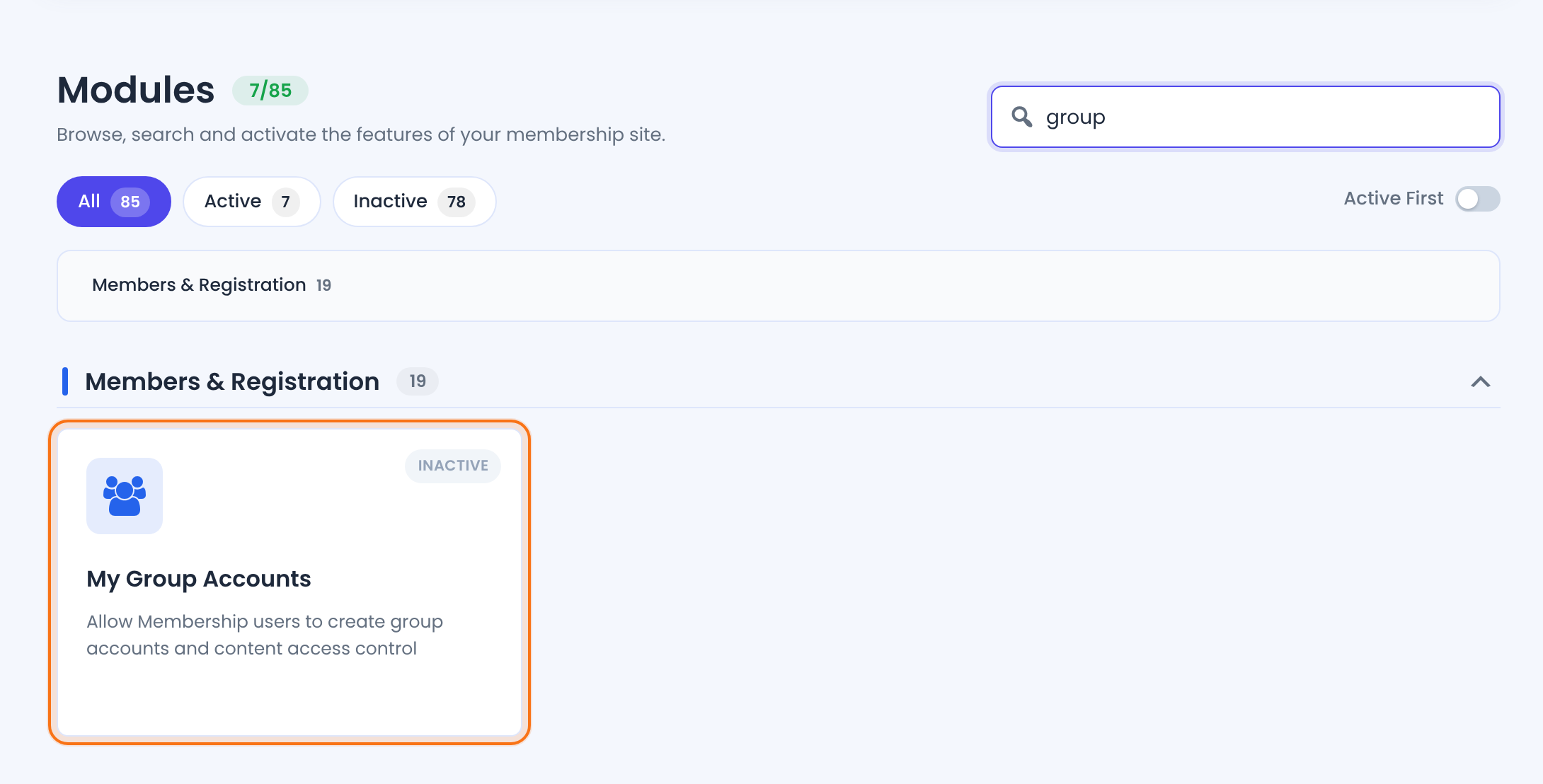 Modules screen with group typed in the Search modules box and the My Group Accounts card shown, marked Inactive