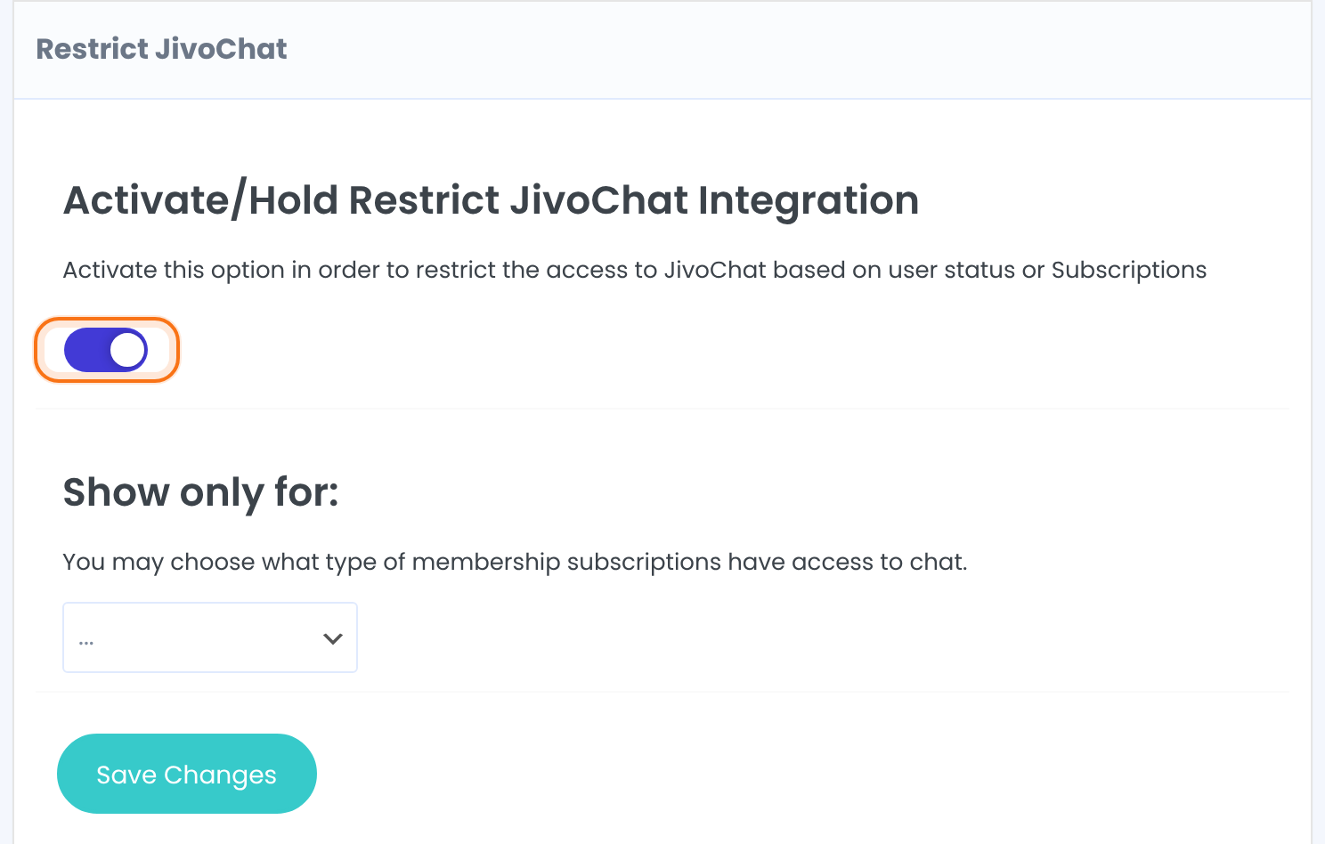 Restrict JivoChat box with the Activate/Hold Restrict JivoChat Integration switch on, the Show only for list and a Save Changes button