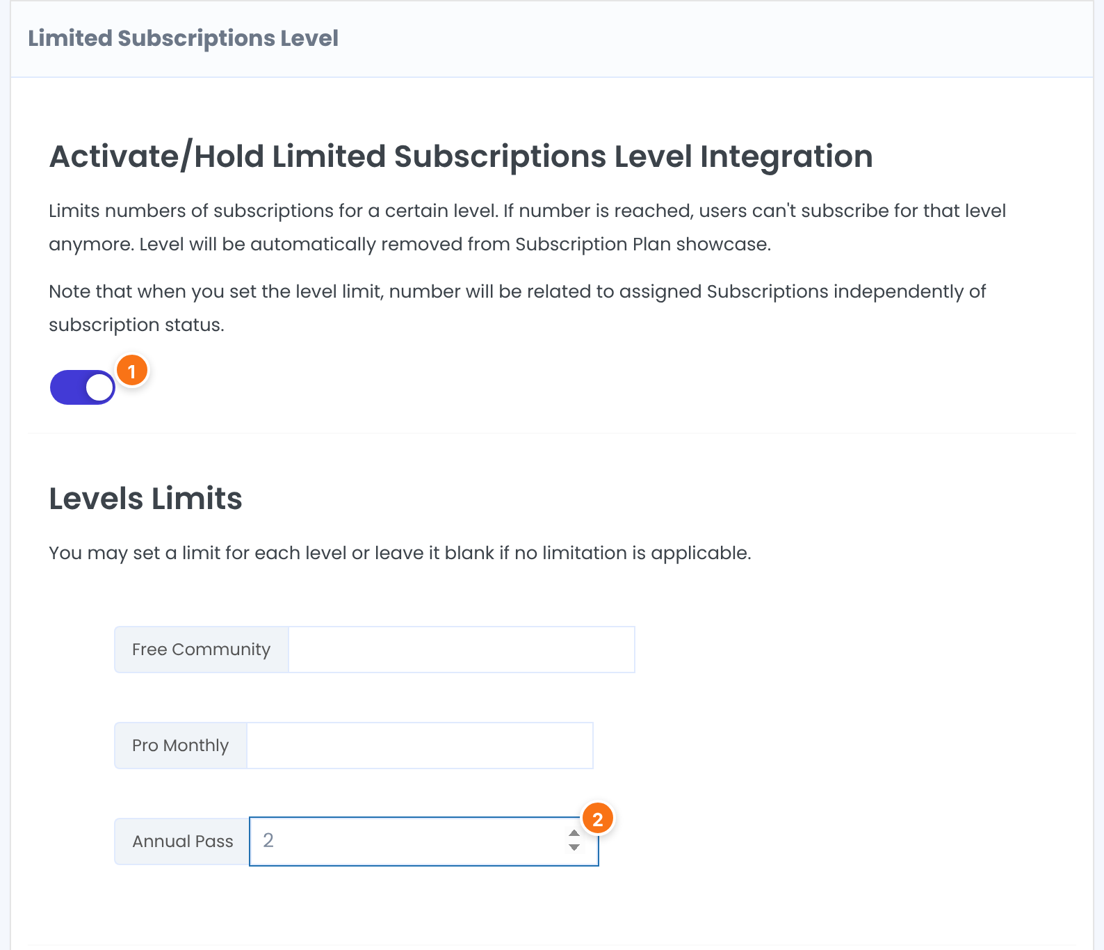 Limited Subscriptions Level box with the activate switch turned on, numbered 1, and the Annual Pass limit set to 2, numbered 2, while Free Community and Pro Monthly are empty