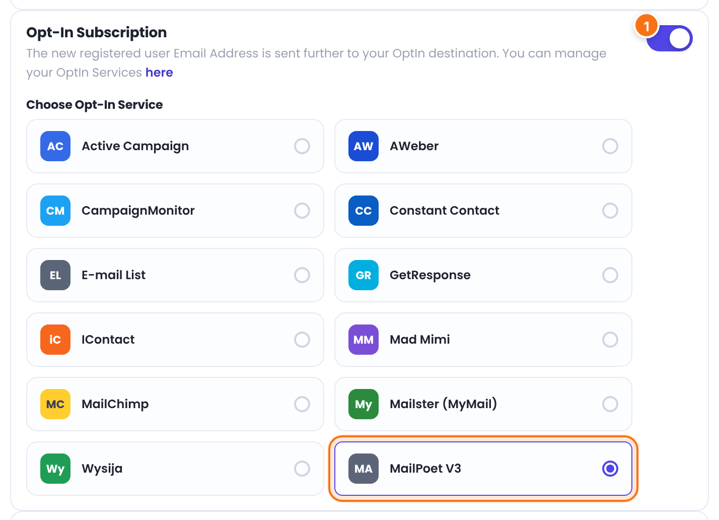 Opt-In Subscription switched on; the Choose Opt-In Service grid lists MailPoet V3 as the last option and it is selected