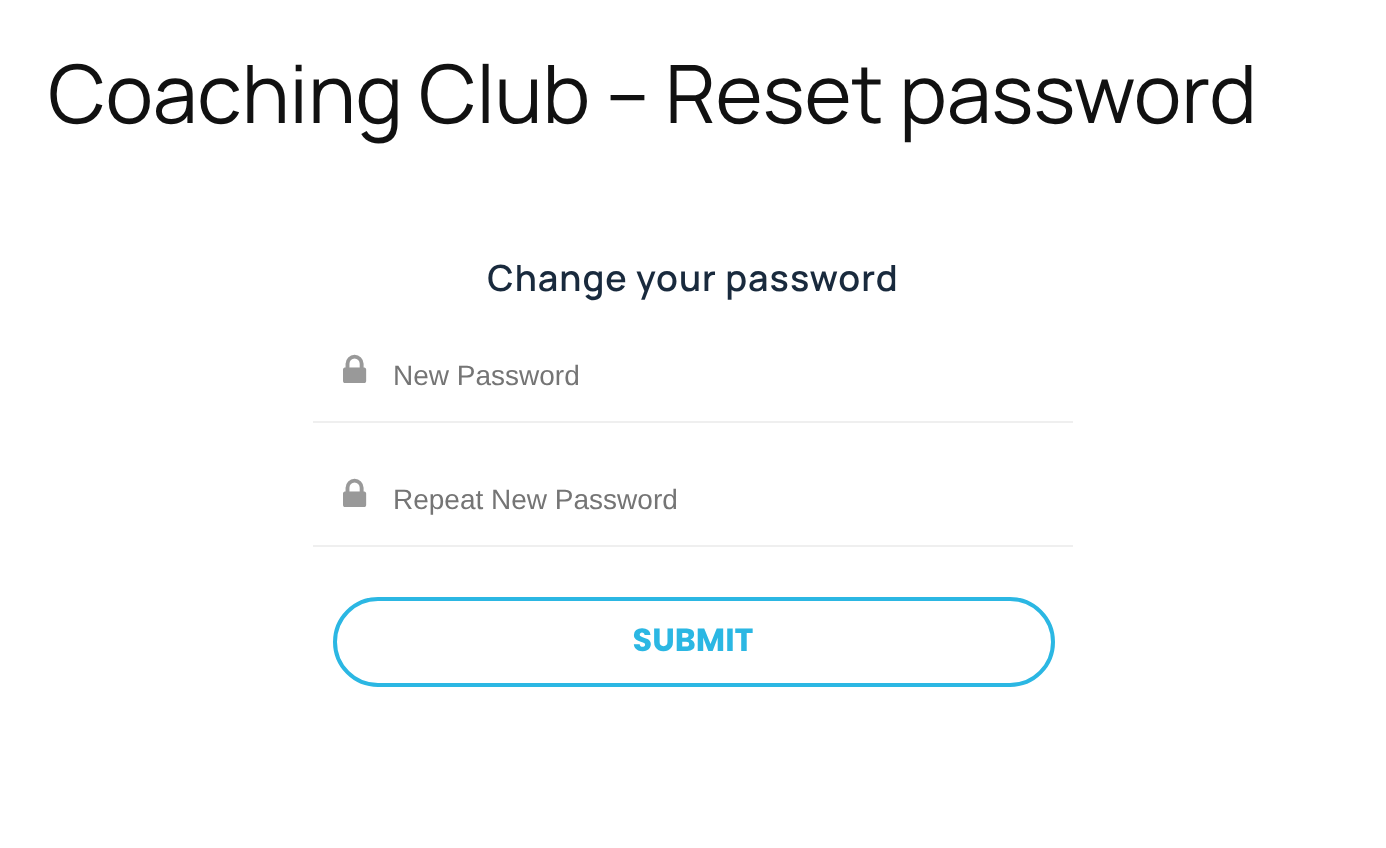 Page titled Coaching Club – Reset password with a Change your password form: New Password and Repeat New Password fields and a Submit button