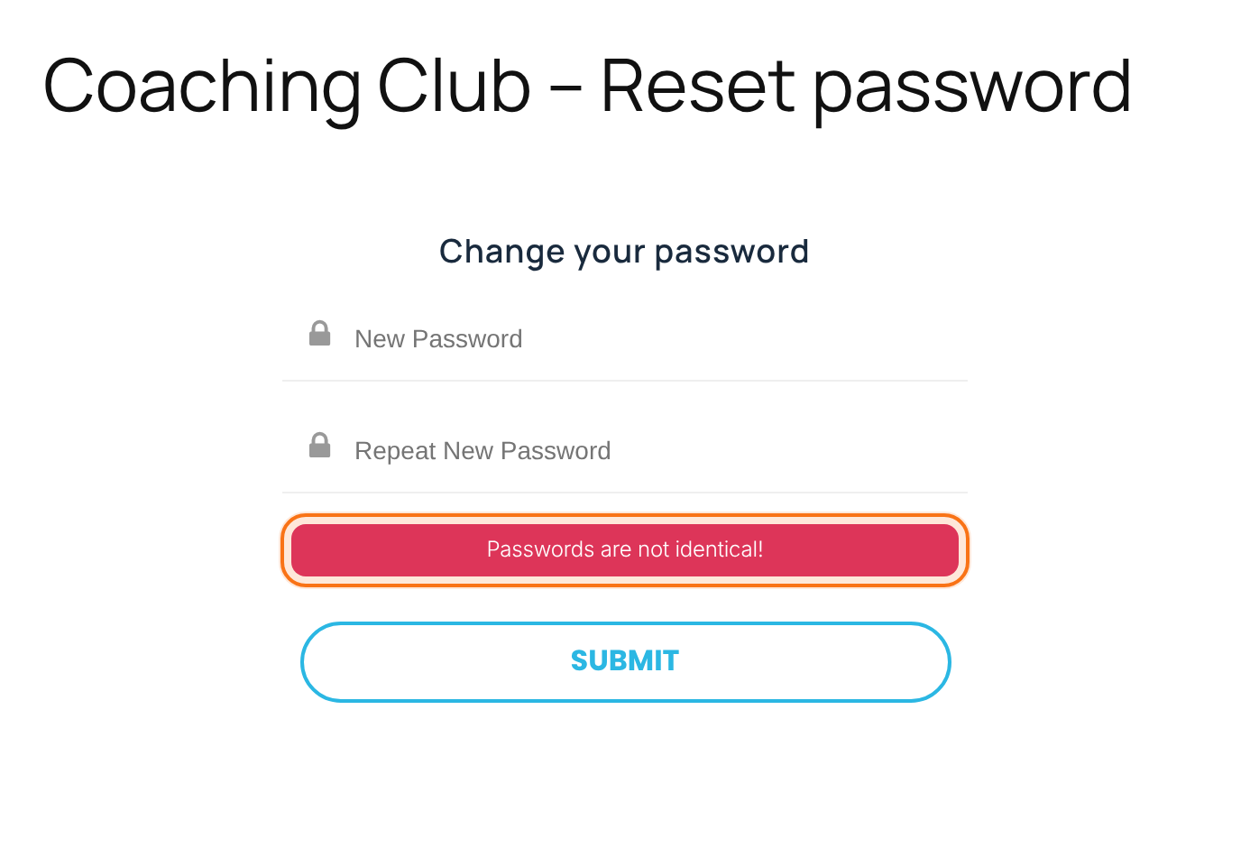 The same form with a red message: Passwords are not identical!
