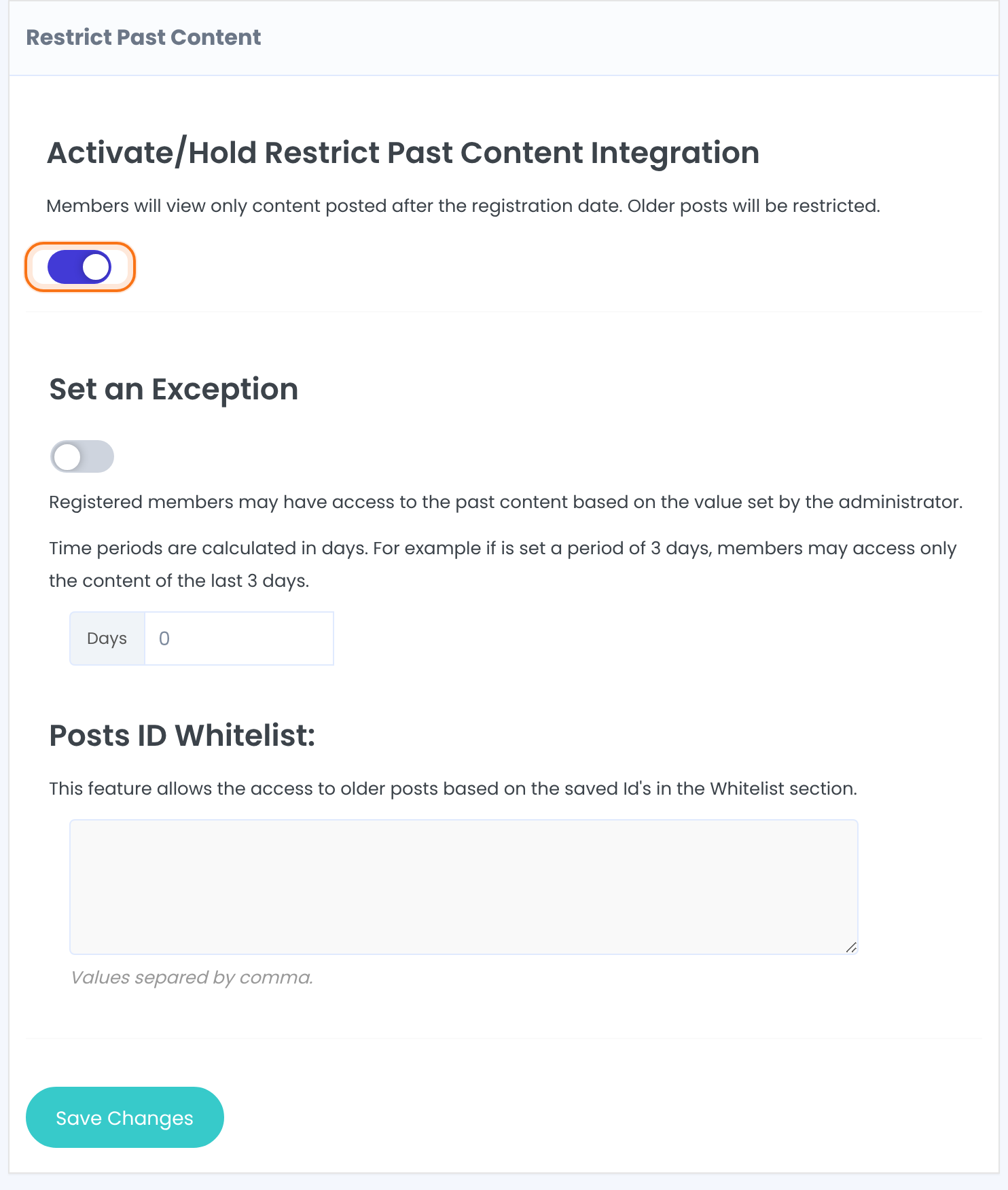 Restrict Past Content box with the Activate/Hold Restrict Past Content Integration switch on, the Set an Exception switch, a Days field and the Posts ID Whitelist box
