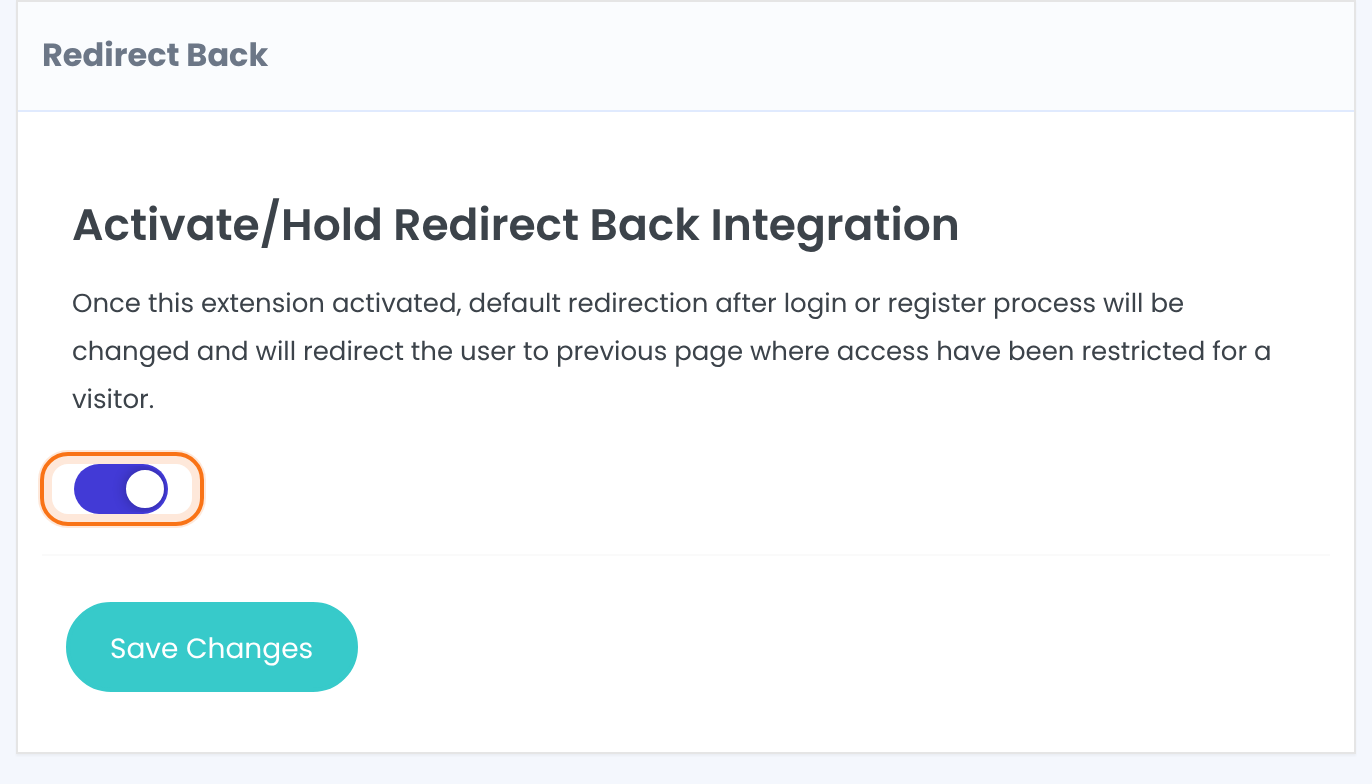 Redirect Back box with the Activate/Hold Redirect Back Integration switch on and highlighted