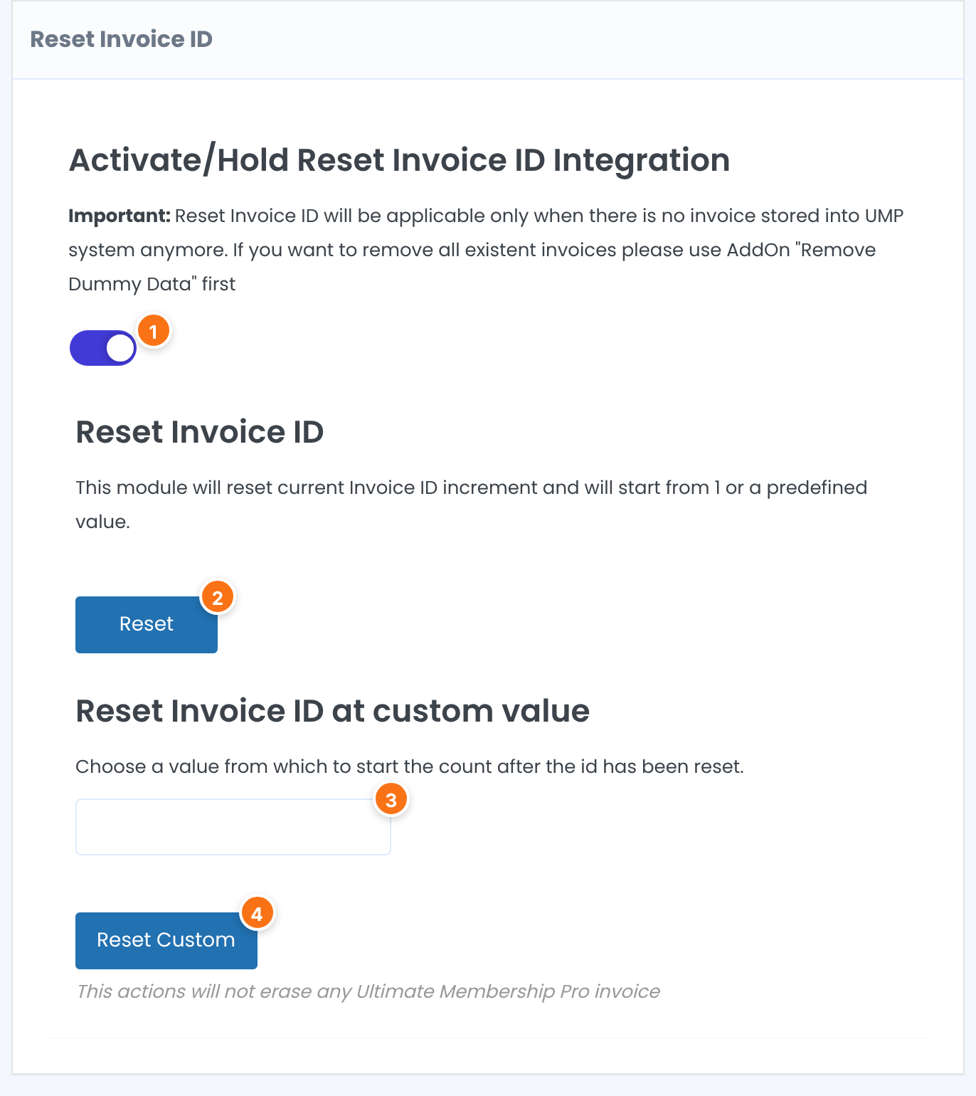 Reset Invoice ID screen with the switch on, the Reset button, a number field and the Reset Custom button, numbered 1 to 4