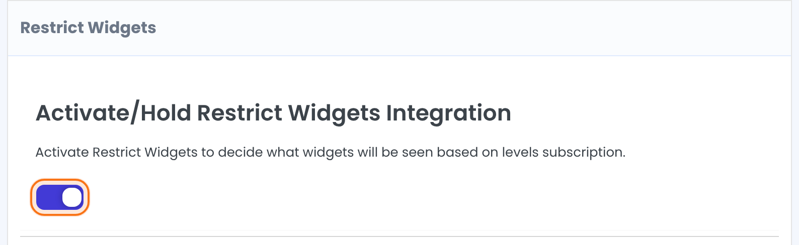 Restrict WP Widgets add-on: Restrict Widgets box with the Activate/Hold Restrict Widgets Integration switch on