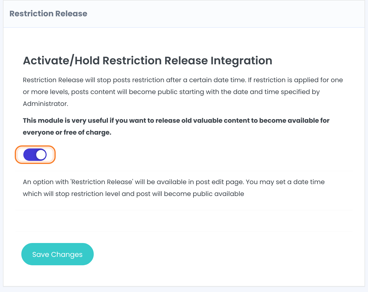 Restriction Release box with the Activate/Hold Restriction Release Integration switch on and its short explanation