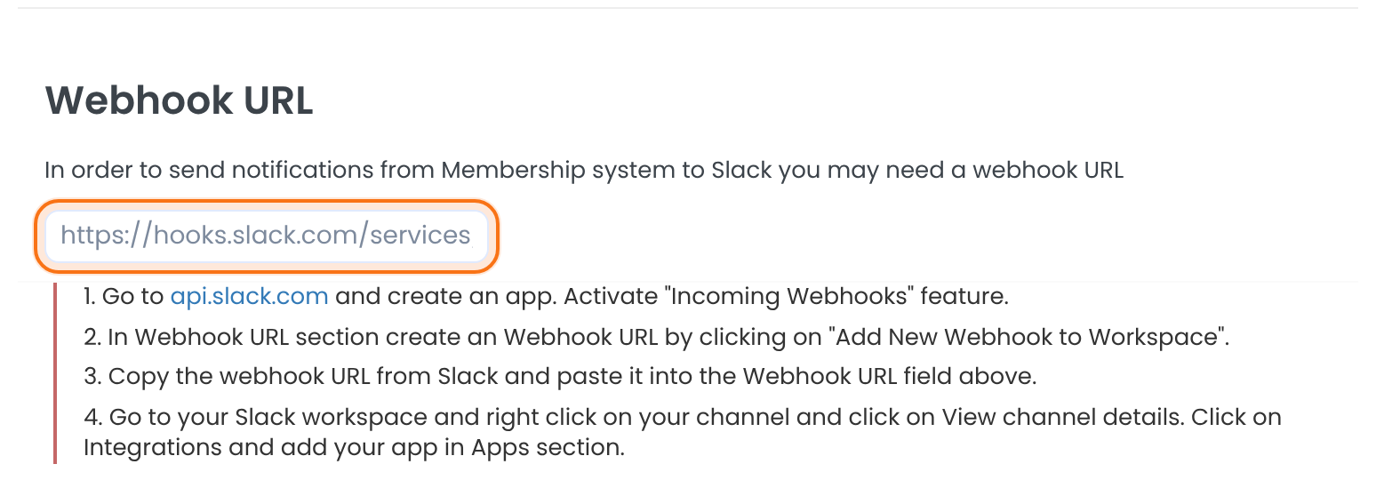 Webhook URL field filled with a placeholder address starting with https://hooks.slack.com/services, above the four setup steps