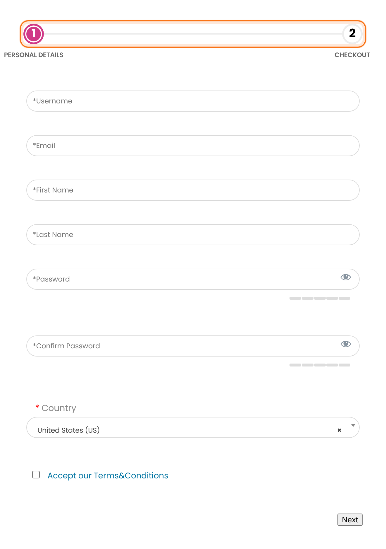 Registration form with a progress bar of two circles labeled Personal Details and Checkout, the first circle active, the personal fields below and a Next button