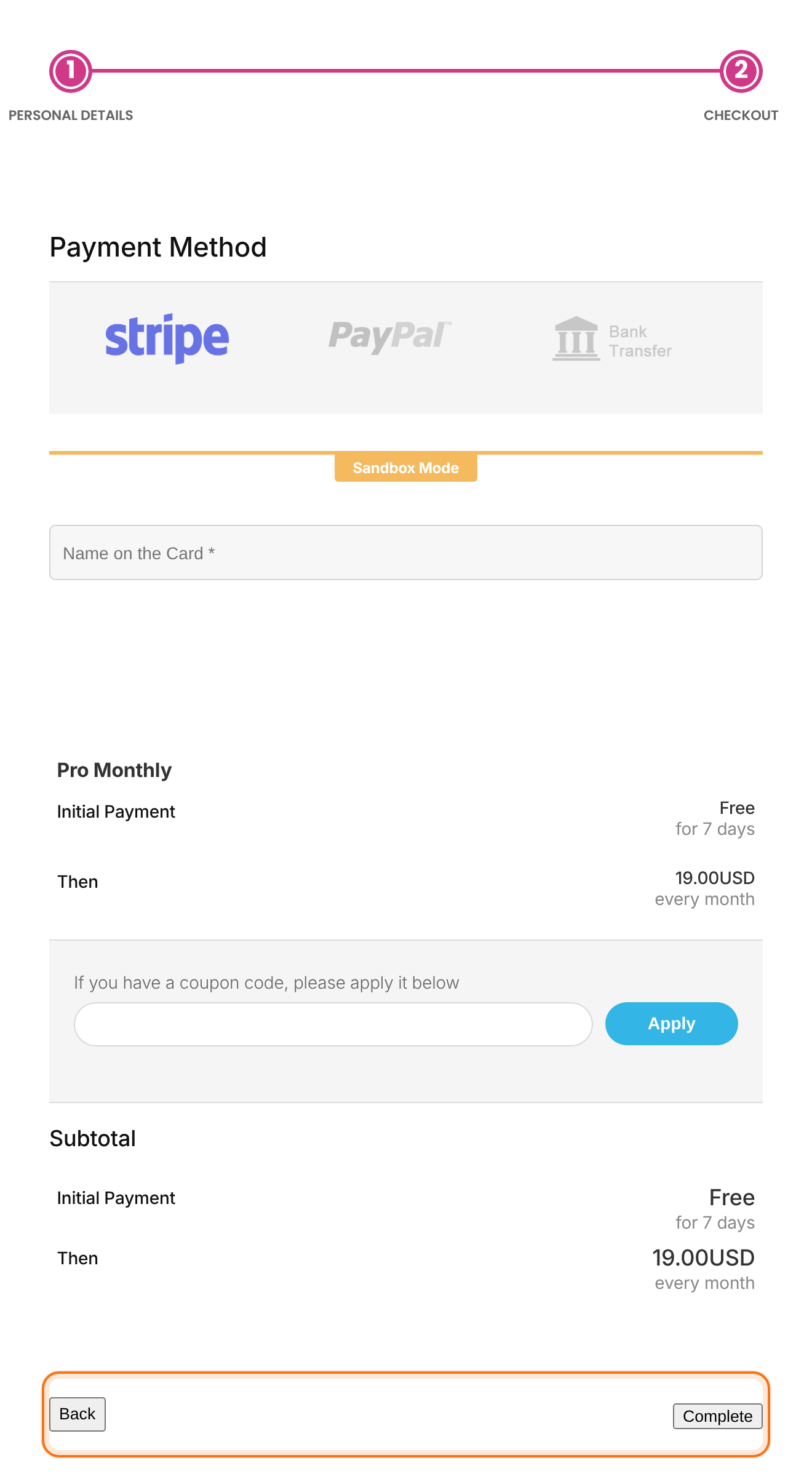 Second step of the registration form showing the payment method choice, the coupon box, the order summary and the Back and Complete buttons
