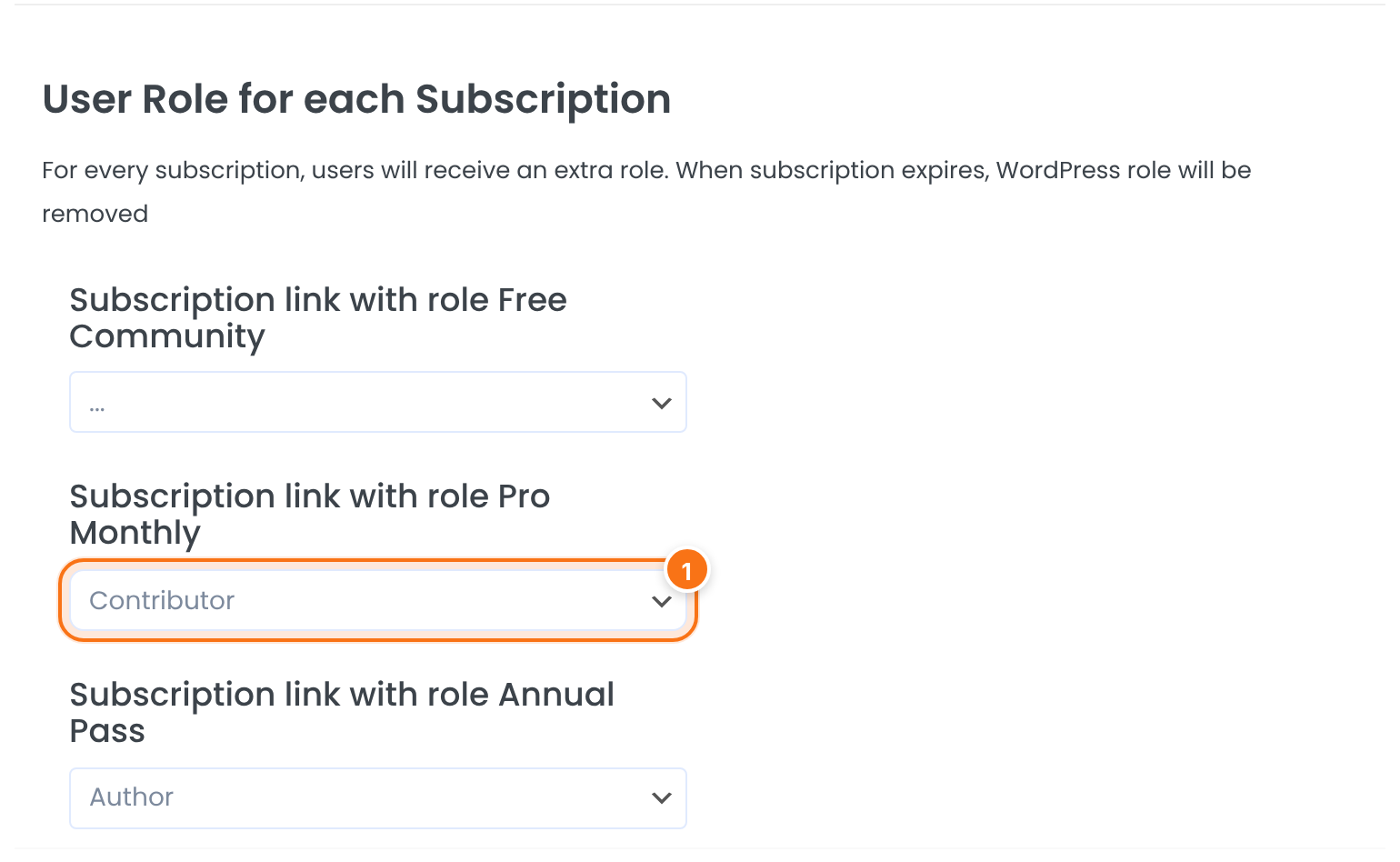 User Role for each Subscription list with a role select for each Membership; Pro Monthly is set to Contributor and Annual Pass to Author