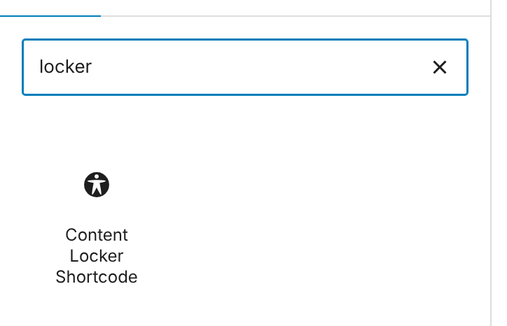 Block inserter with the search locker and the Content Locker Shortcode block as the result