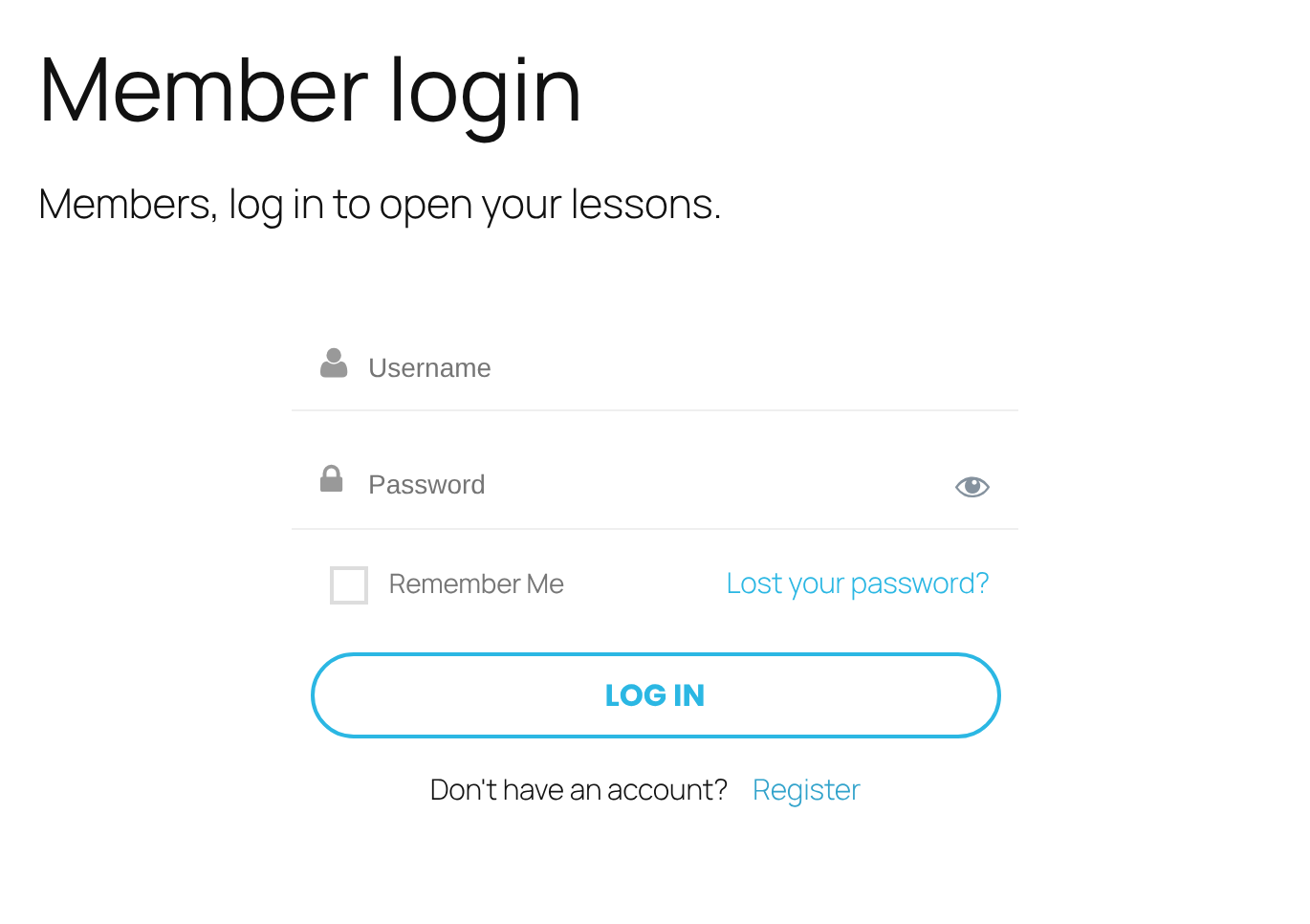 Published page Member login with the text Members, log in to open your lessons and the login form: Username, Password, Remember Me, Lost your password?, LOG IN button and Don't have an account? Register