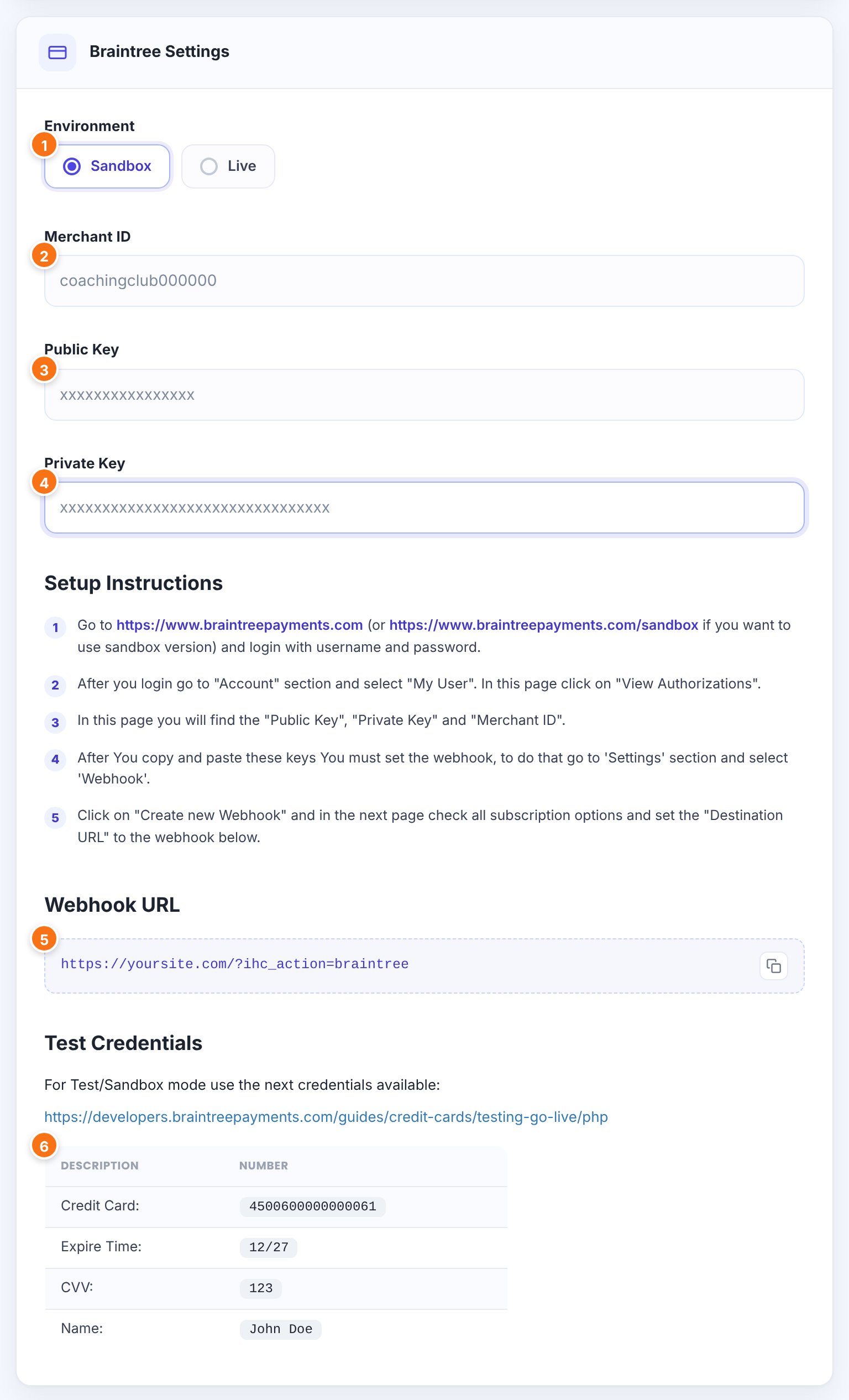 Braintree Settings card with Sandbox selected, fake Merchant ID and keys, the Webhook URL and the Test Credentials table, numbered 1 to 6