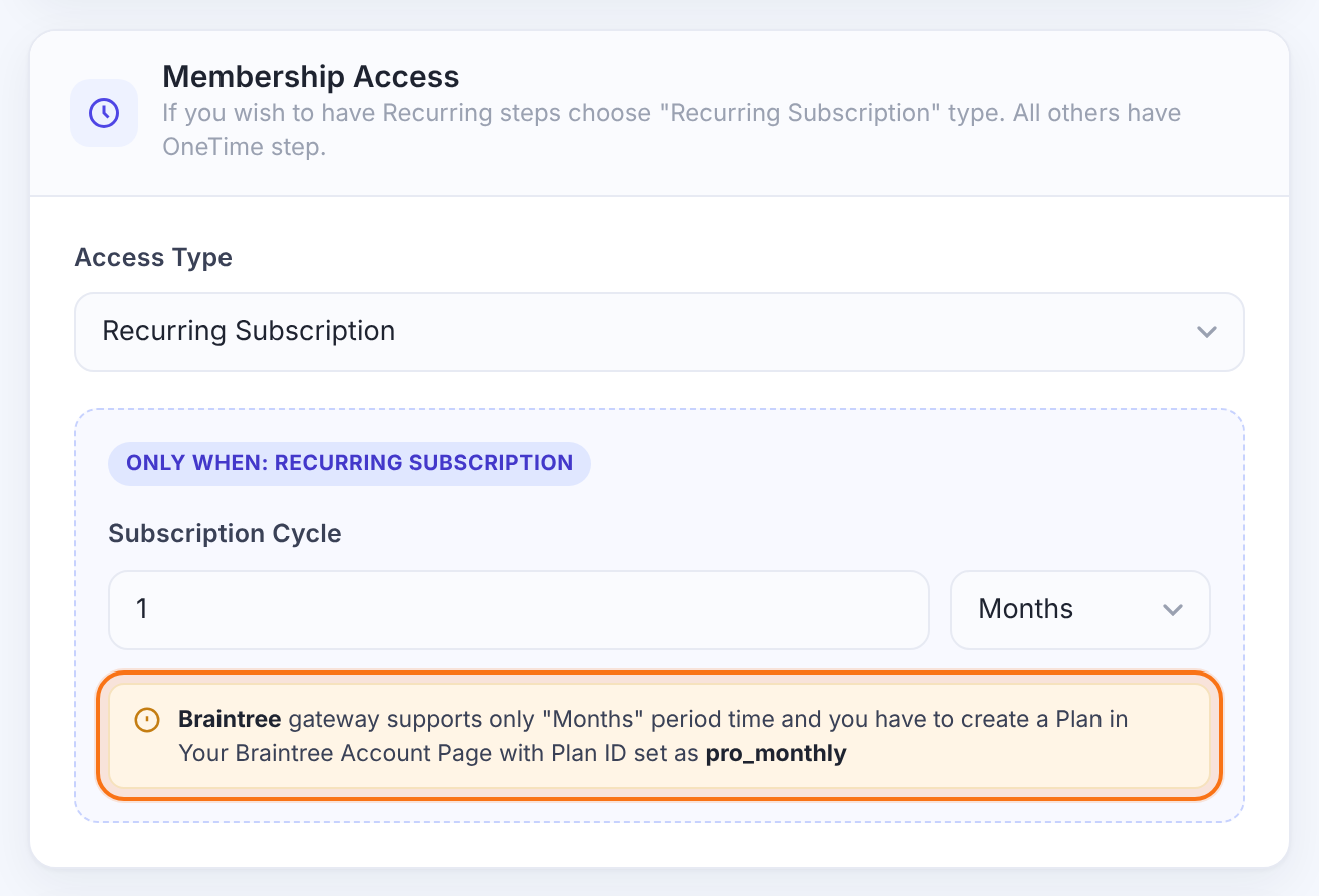 Membership Access card of Pro Monthly with the Braintree note: create a Plan with Plan ID set as pro_monthly