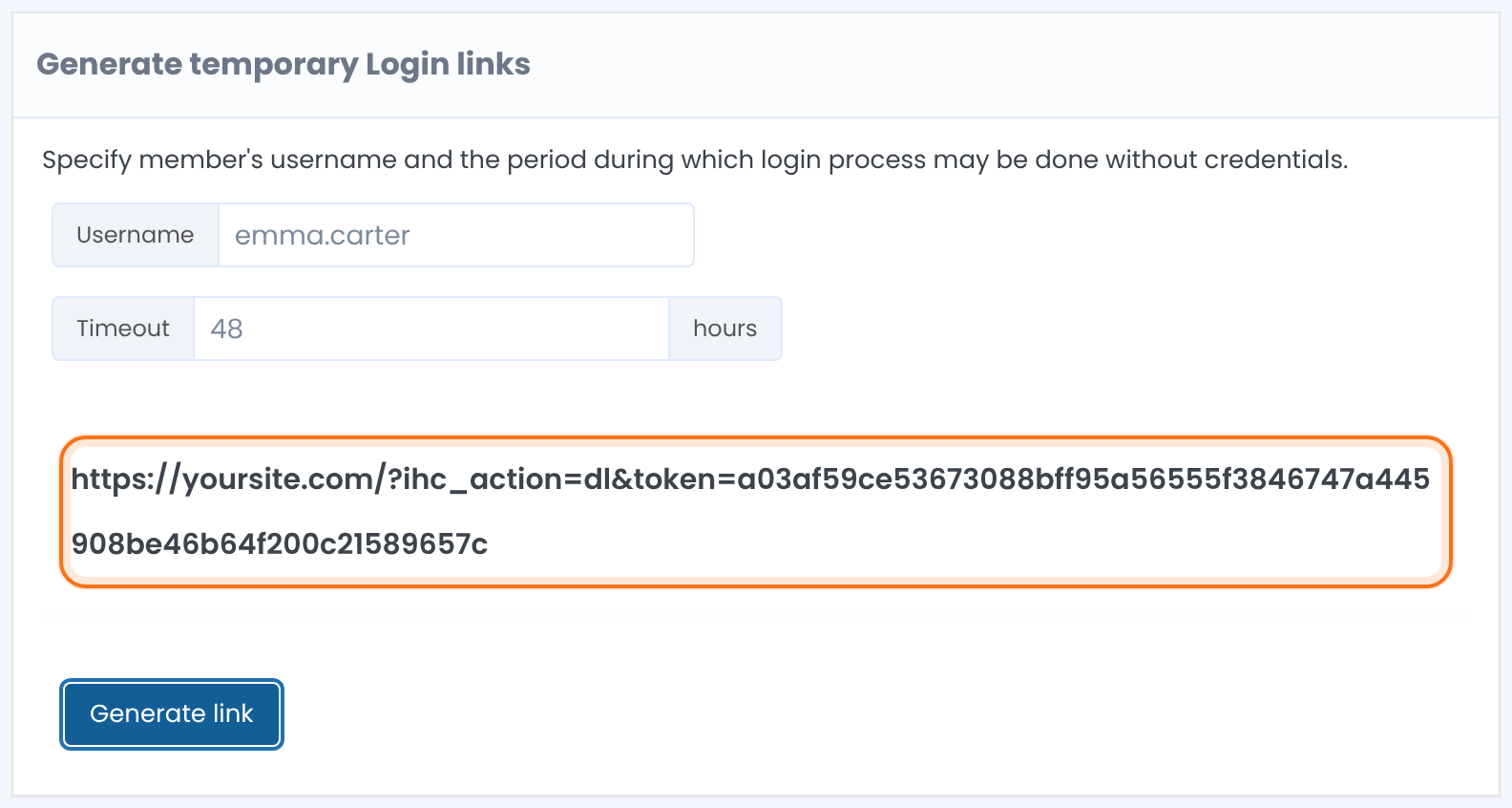 Generate temporary Login links box with the username emma.carter, a timeout of 48 hours and the generated link https://yoursite.com/?ihc_action=dl&token=… highlighted