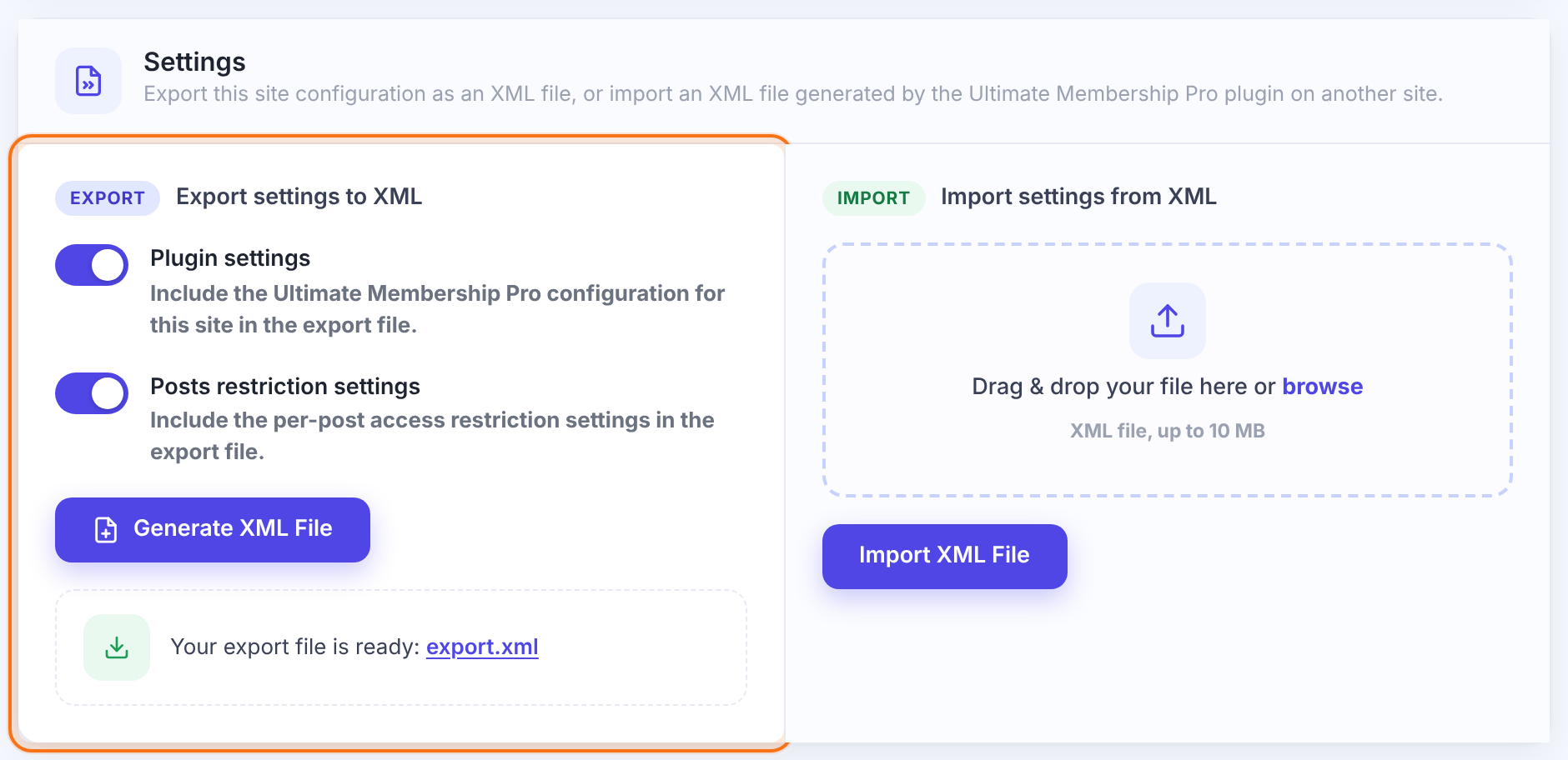 Settings card of the Export-Import screen: Plugin settings and Posts restriction settings switched on, Generate XML File button and Your export file is ready: export.xml; on the right, Import settings from XML with a drag and drop area and Import XML File button
