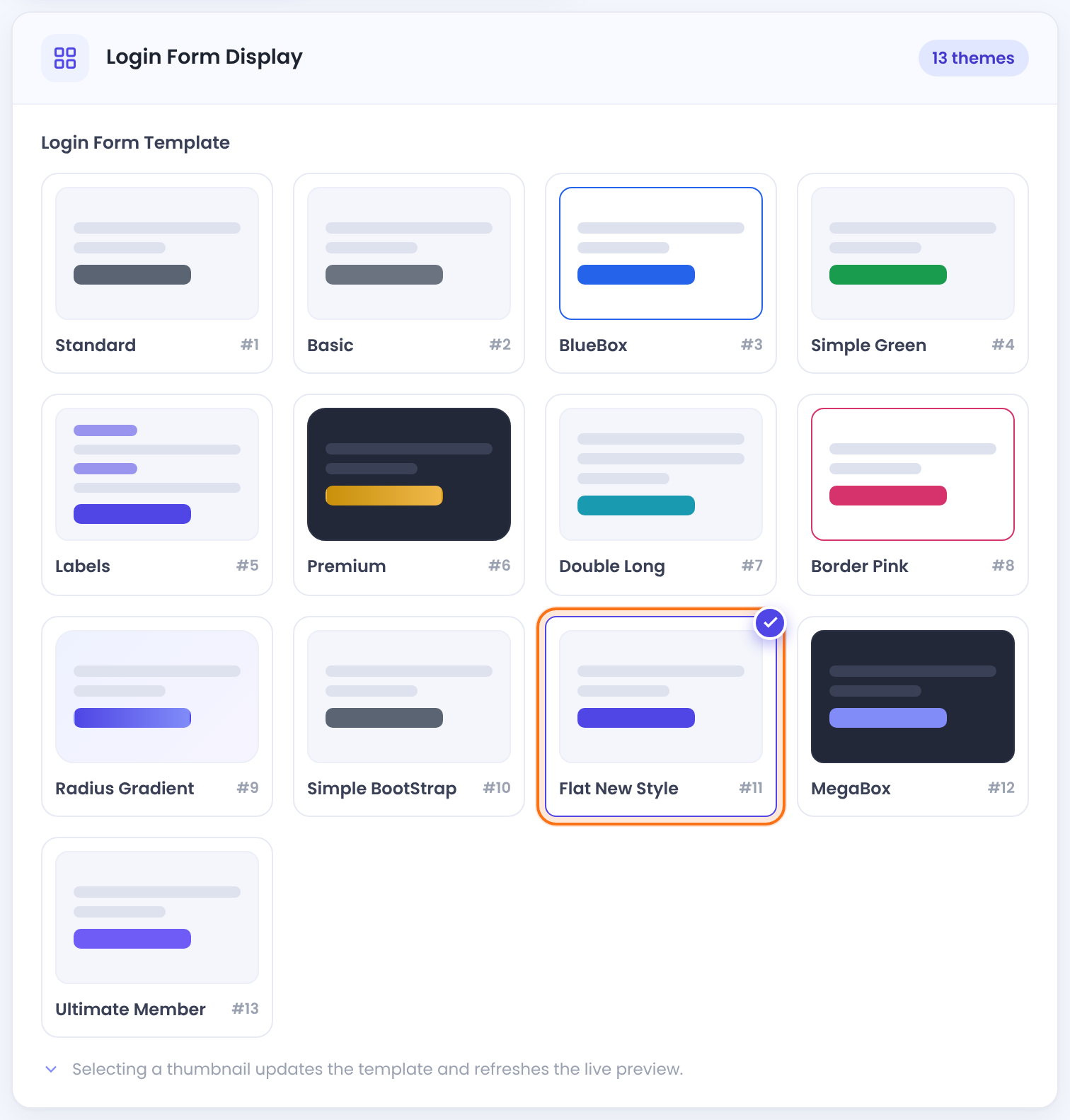 Login Form Display card with 13 template thumbnails, Flat New Style #11 selected