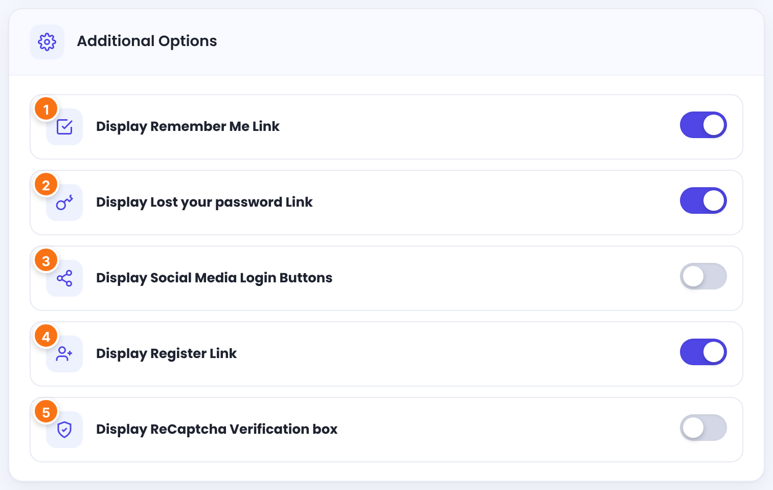 Additional Options card with five switches: Remember Me, Lost your password, Social Media Login Buttons, Register Link and ReCaptcha
