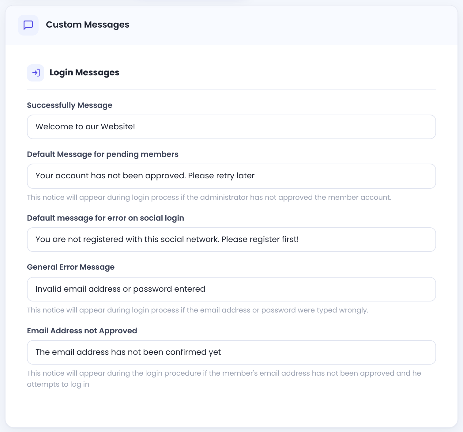 Custom Messages tab of the Login Form with the five Login Messages and their default texts