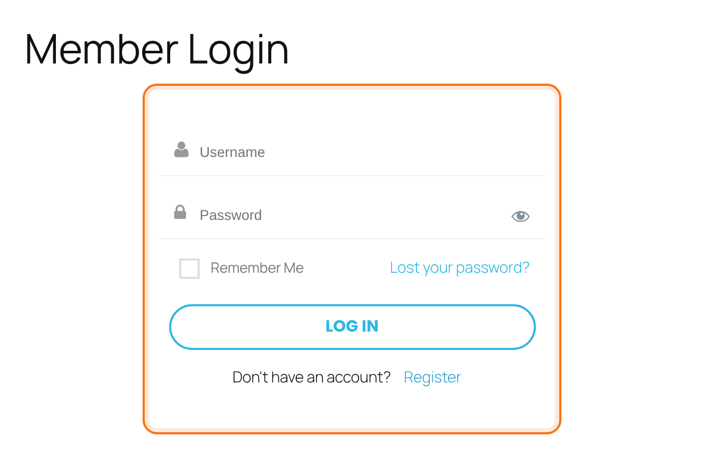 Member Login page with the Flat New Style login form: Username, Password, Remember Me, Lost your password link, Log In button and Register link