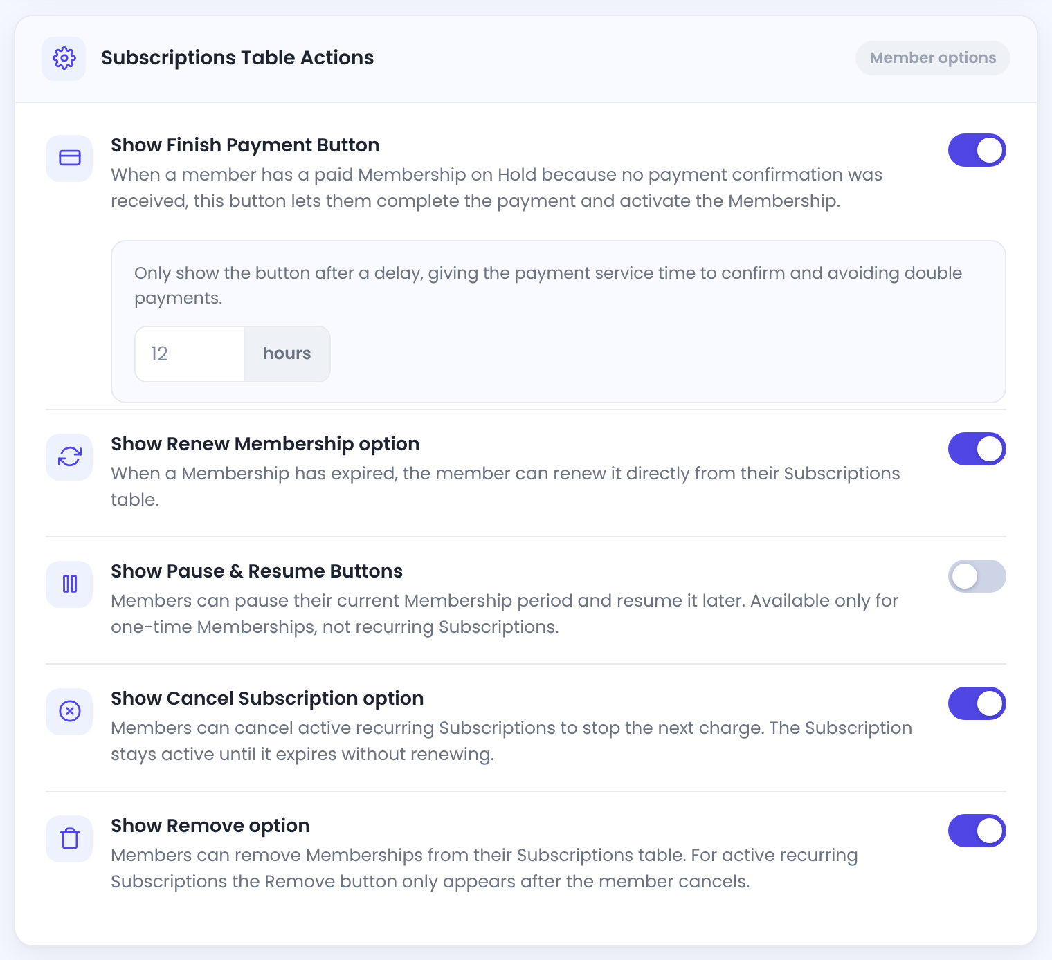 Subscriptions Table Actions: Show Finish Payment Button on with a 12 hours delay, Show Renew Membership option on, Show Pause and Resume Buttons off, Show Cancel Subscription option on, Show Remove option on