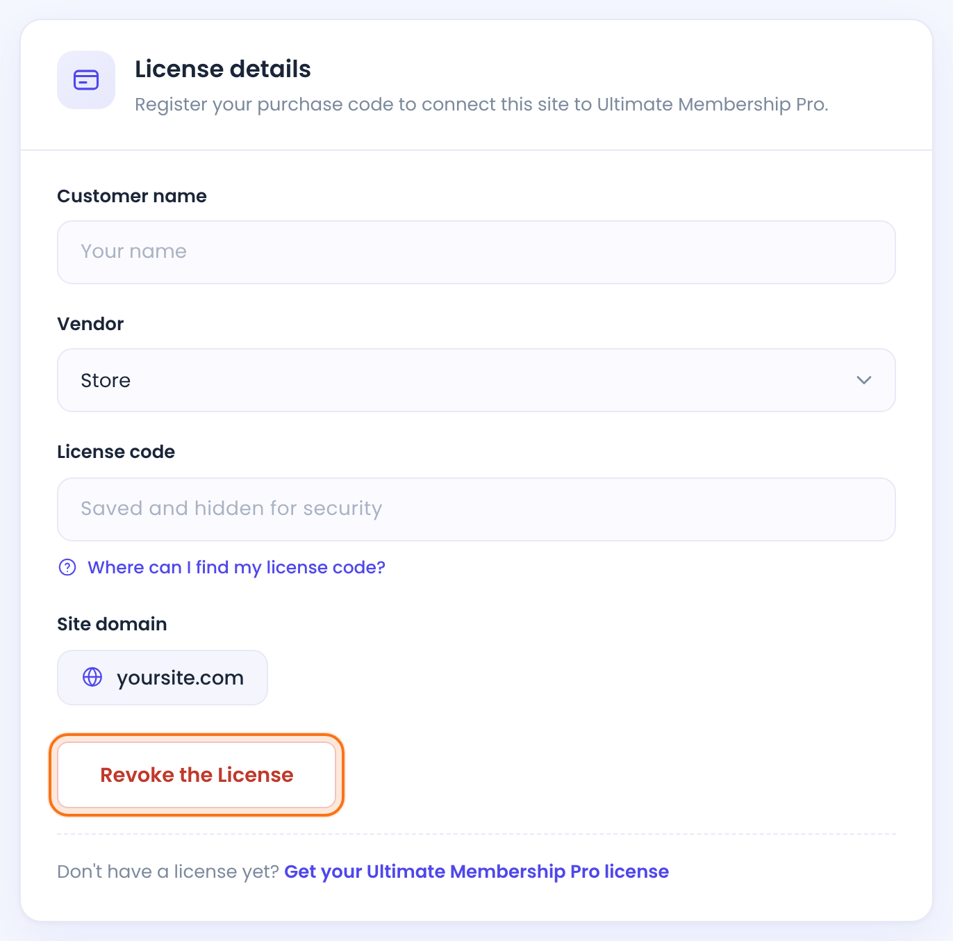 License details card you use when you move a membership site, with the Revoke the License button highlighted