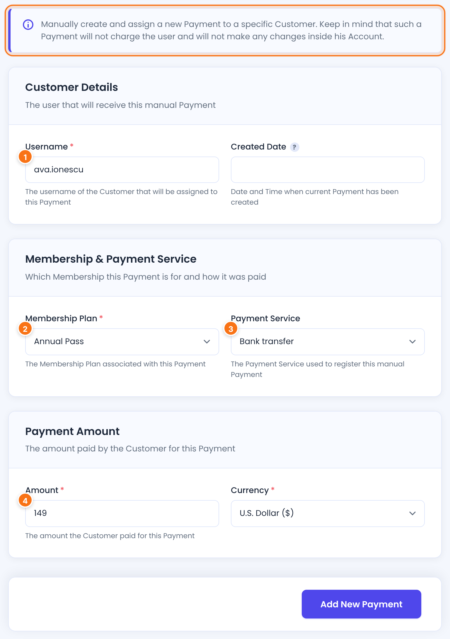 Add manual payment form with the note highlighted, Username ava.ionescu, Membership Plan Annual Pass, Payment Service Bank transfer and Amount 149 in U.S. Dollar, numbered 1 to 4
