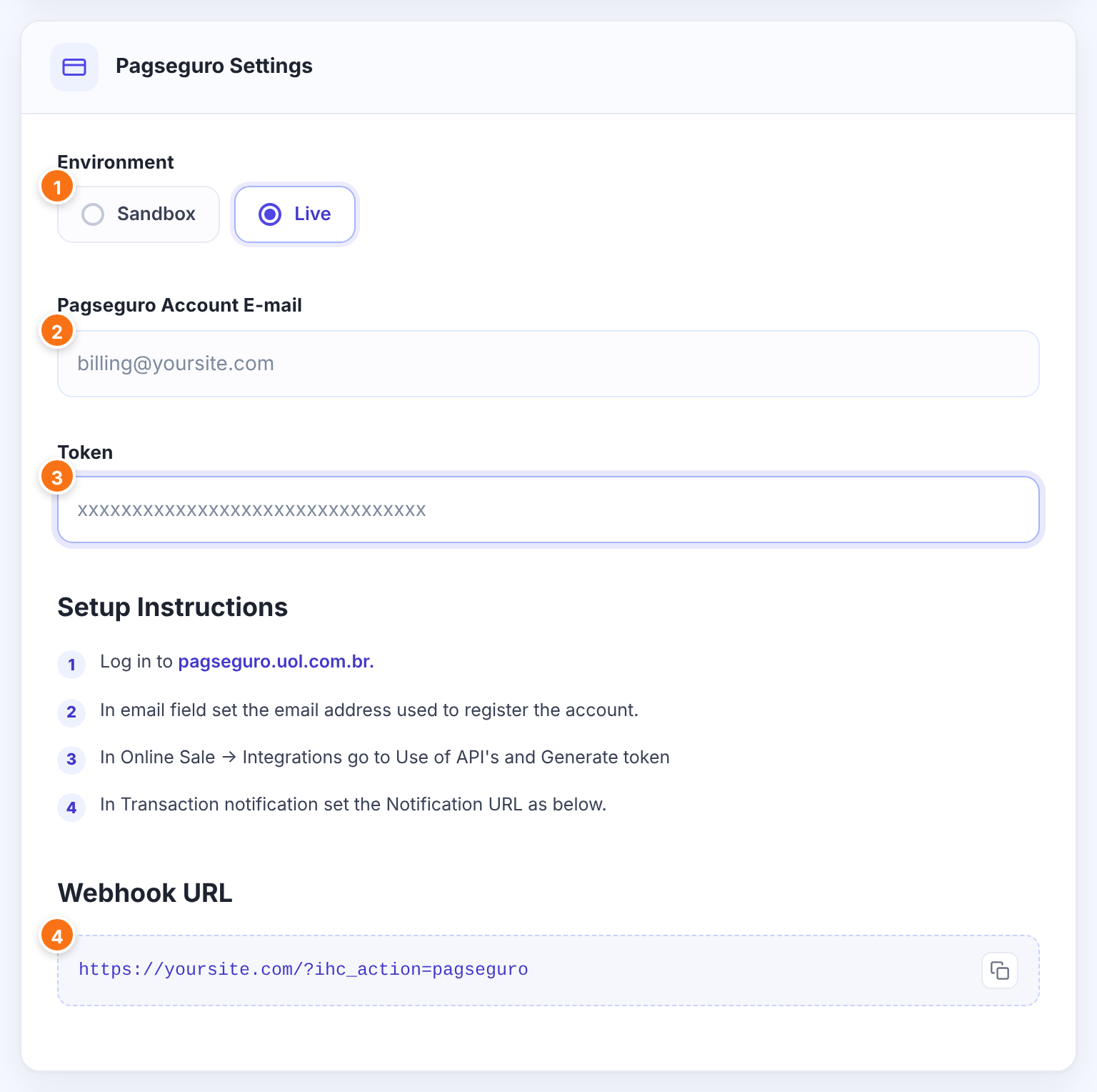 Pagseguro Settings card with Live selected, the account e-mail, a fake token and the Webhook URL, numbered 1 to 4