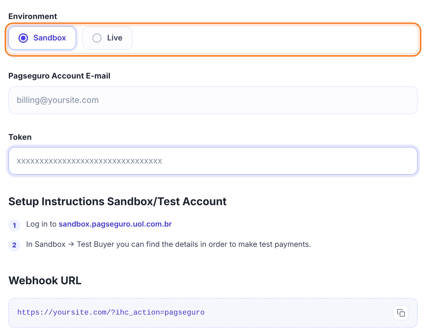Pagseguro Settings with Sandbox selected, showing Setup Instructions Sandbox/Test Account and the Webhook URL