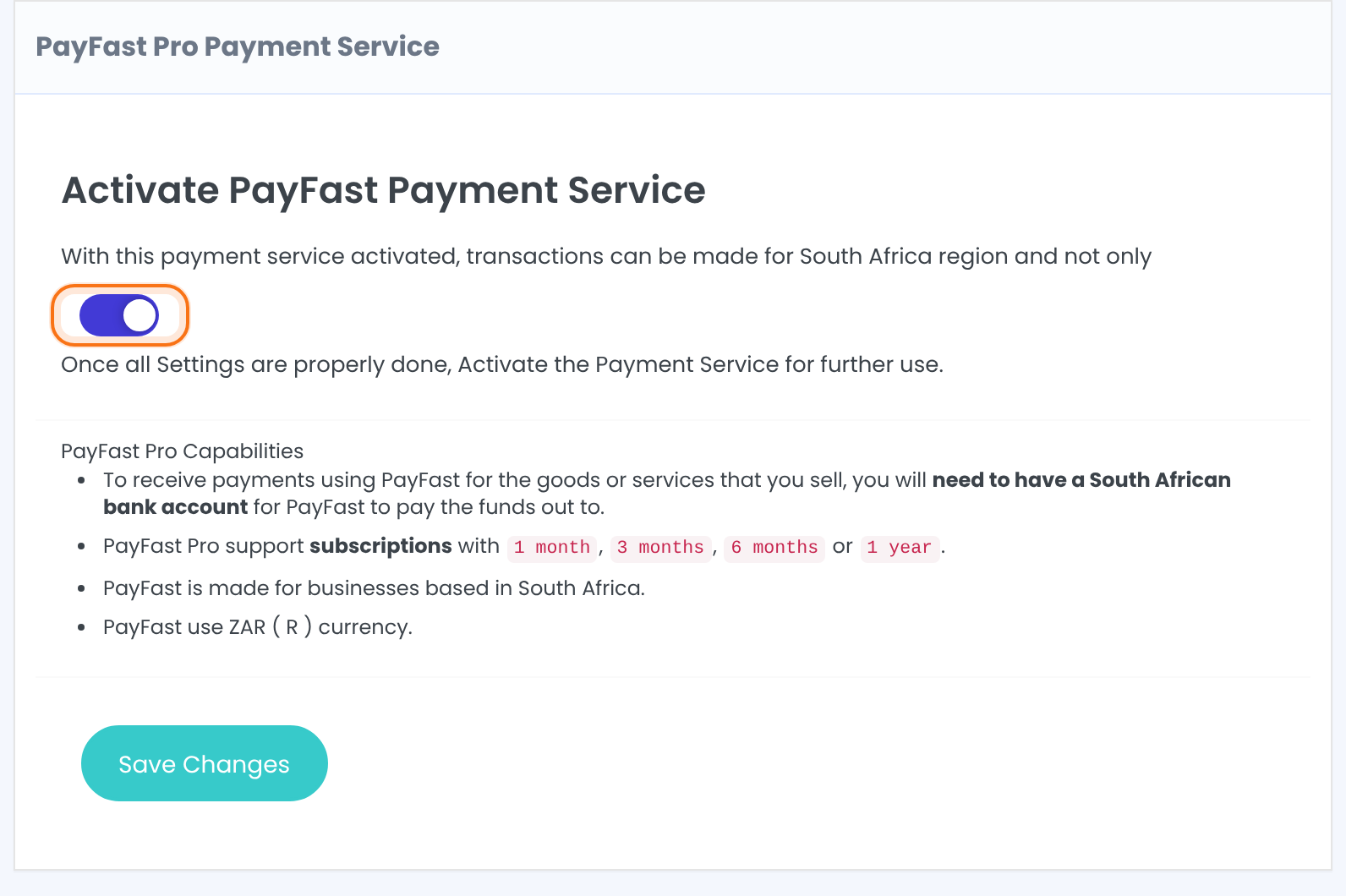 PayFast Pro Payment Service box with the activation switch on and highlighted, and the PayFast Pro Capabilities list