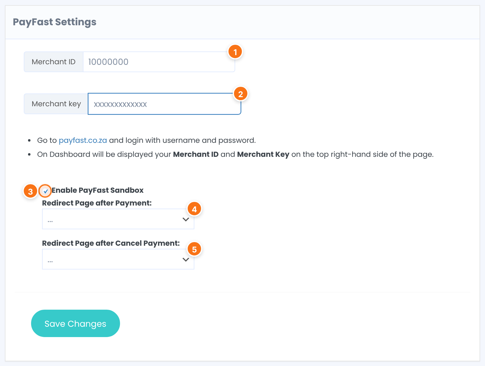 PayFast Settings box with Merchant ID and Merchant key filled in, Enable PayFast Sandbox ticked, and the two redirect page dropdowns, numbered 1 to 5