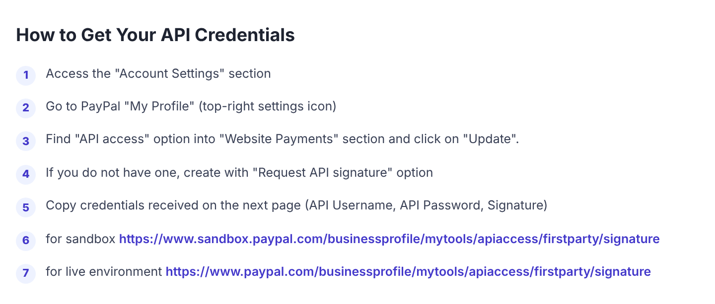 How to Get Your API Credentials box with seven steps, including the sandbox and live links to PayPal's API signature page