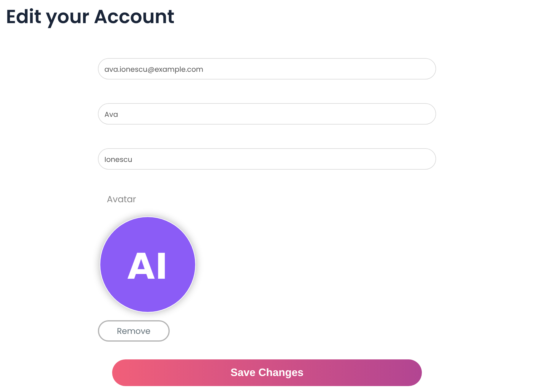 Edit your Account form in the Member Portal with email, first name and last name fields, avatar with a Remove button and a Save Changes button