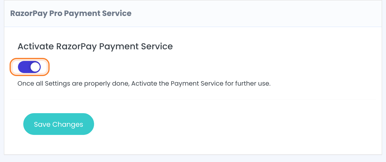 RazorPay Pro Payment Service box with the Activate RazorPay Payment Service switch on and highlighted