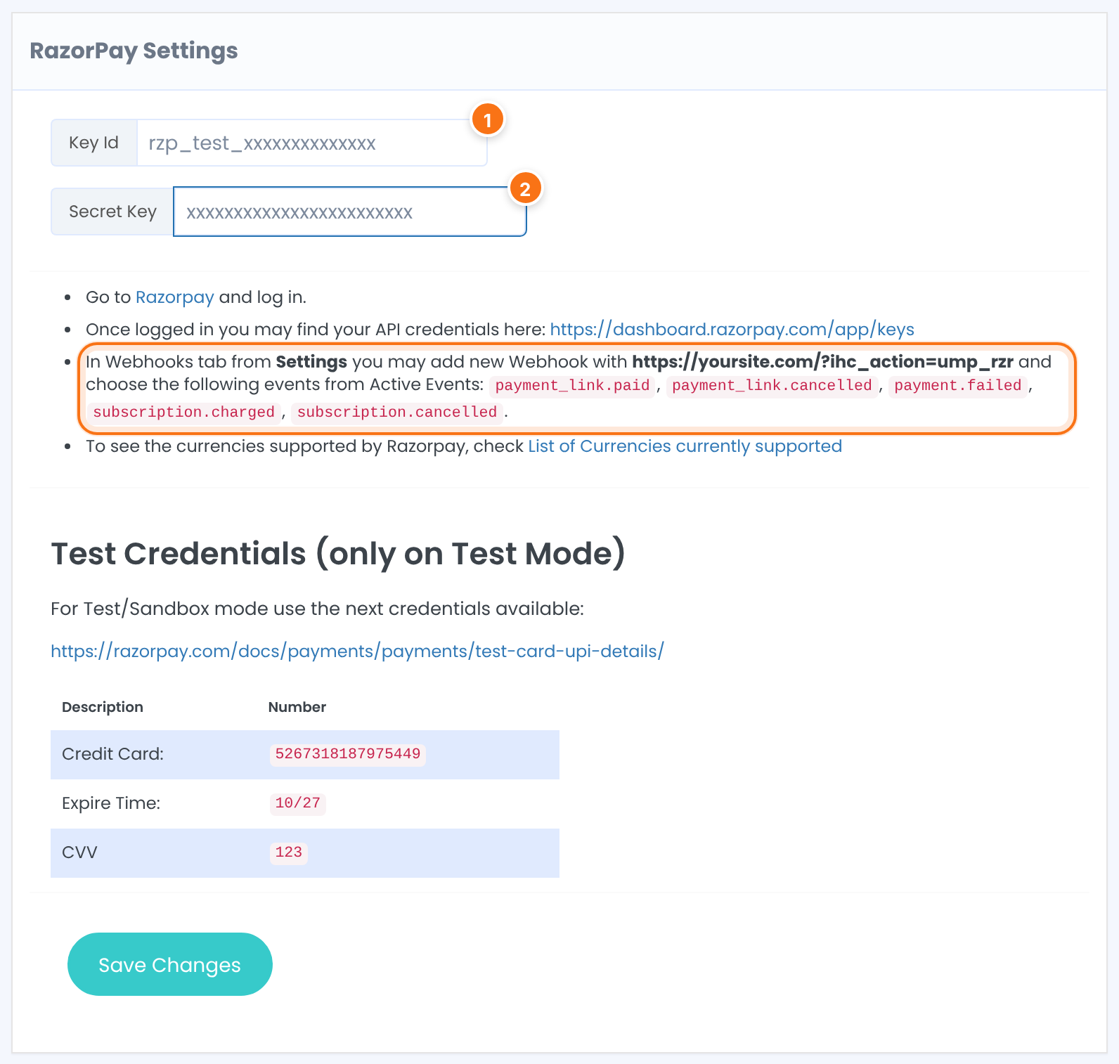 RazorPay Settings box with Key Id and Secret Key filled with test values, and the webhook instructions highlighted