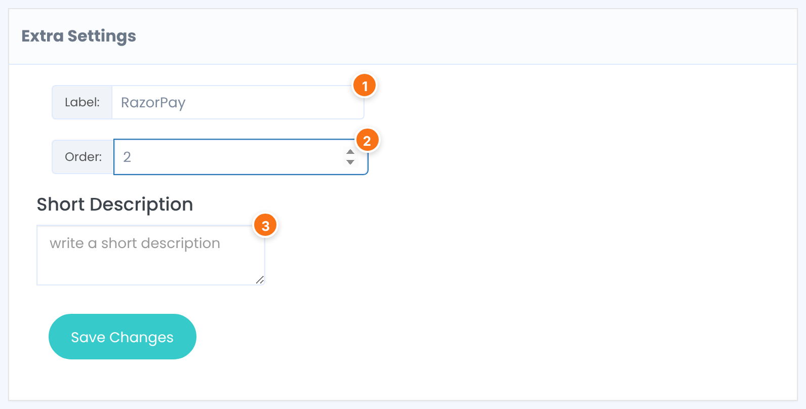 Extra Settings box with Label RazorPay, Order 2 and an empty Short Description, numbered 1 to 3