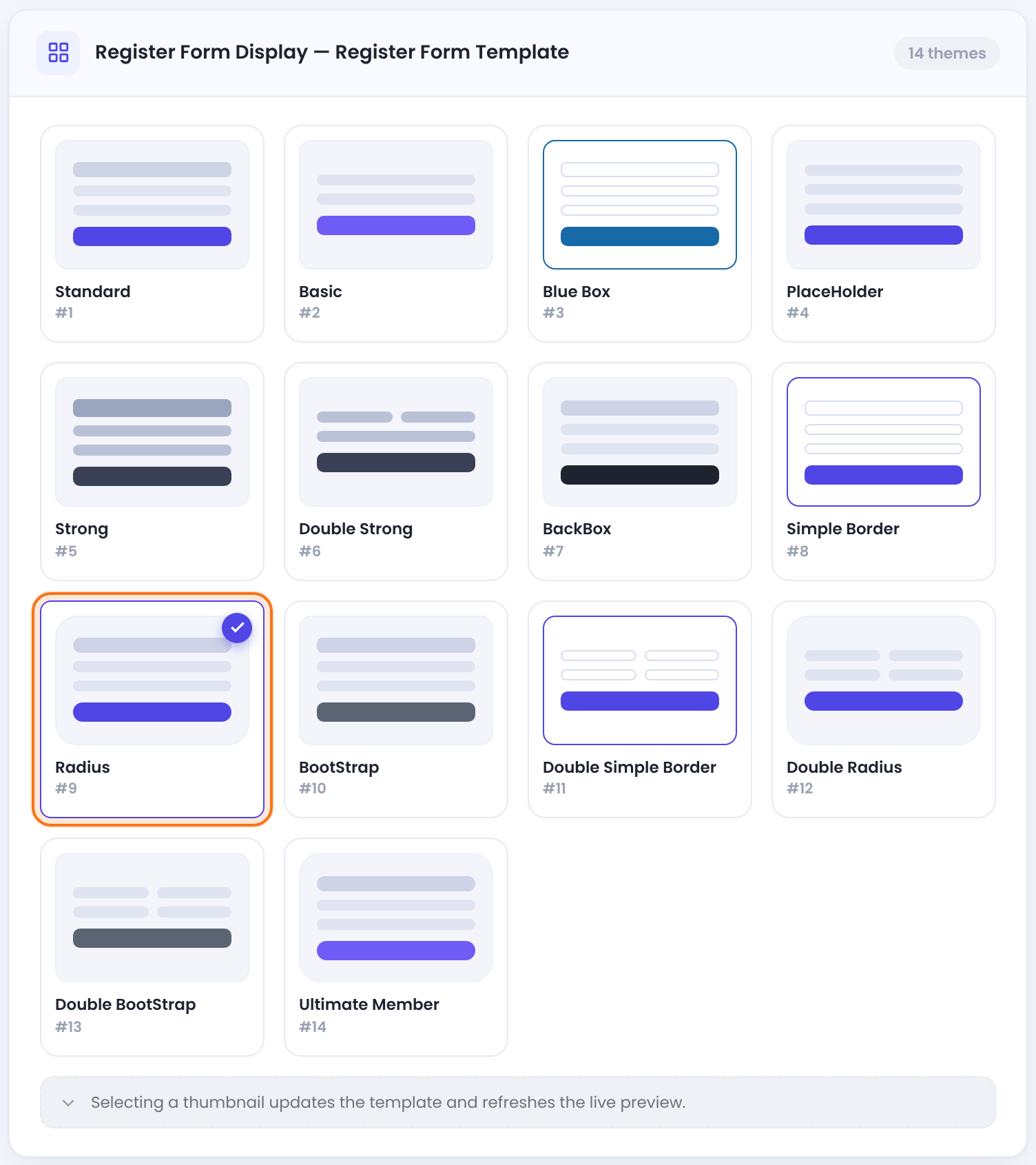 Register Form Template gallery with 14 thumbnails, Radius #9 selected