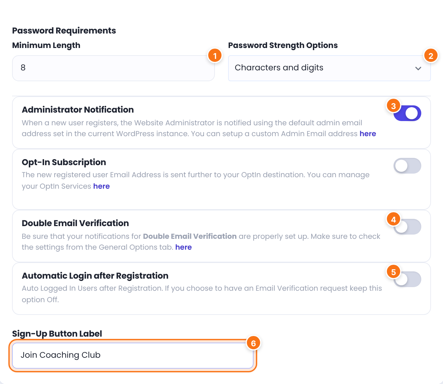 Password Requirements with Minimum Length 8 and Characters and digits, the Administrator Notification, Opt-In Subscription, Double Email Verification and Automatic Login switches, and Sign-Up Button Label Join Coaching Club